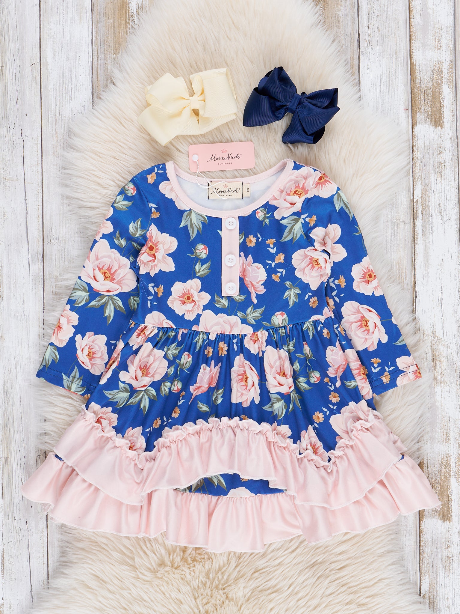 Blue & Pink Watercolor Roses Ruffle Dress - Marie Nicole Clothing
