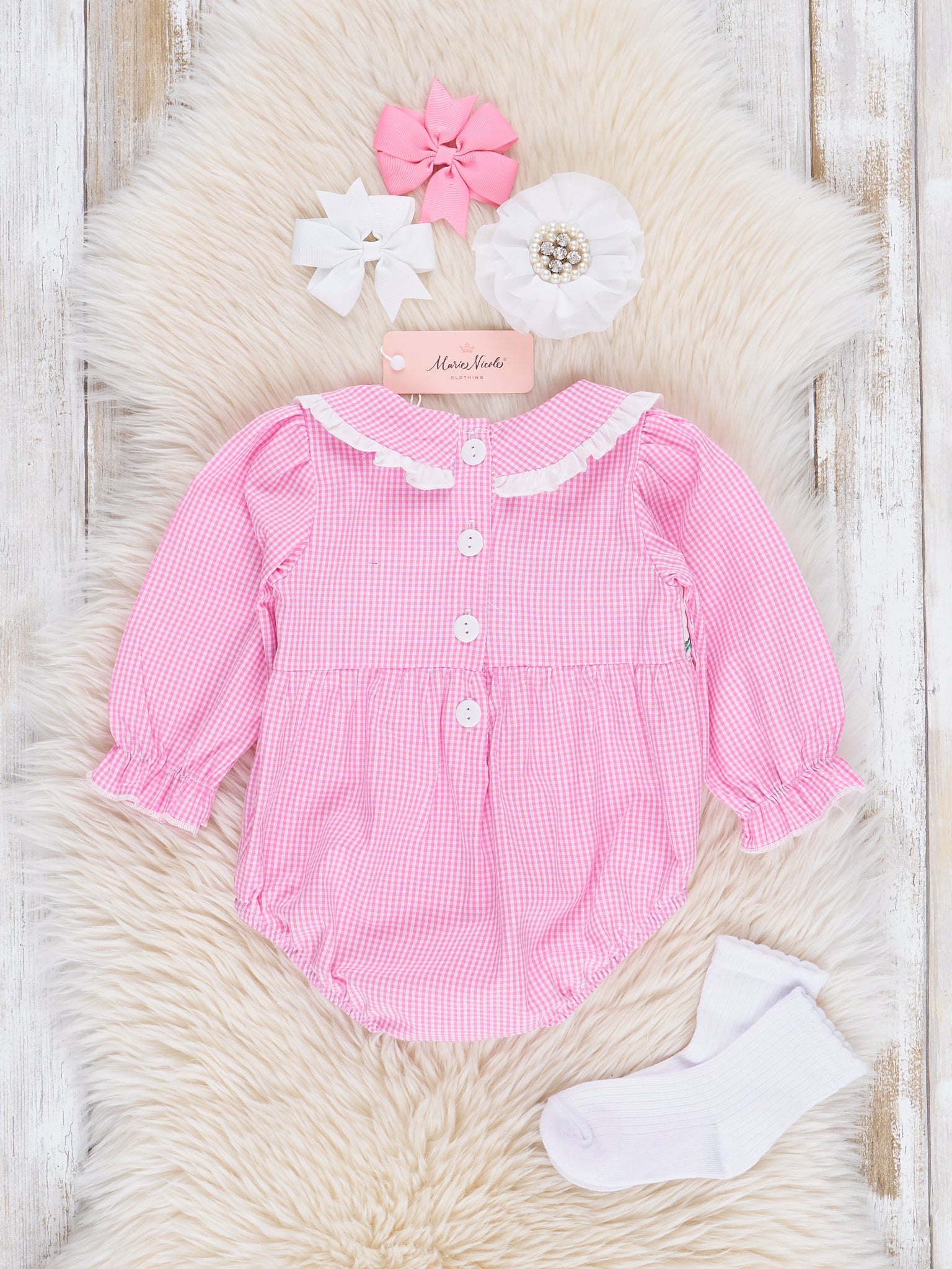 Pink Cotton Smocked Trees Ruffle Bubble Romper - Marie Nicole Clothing