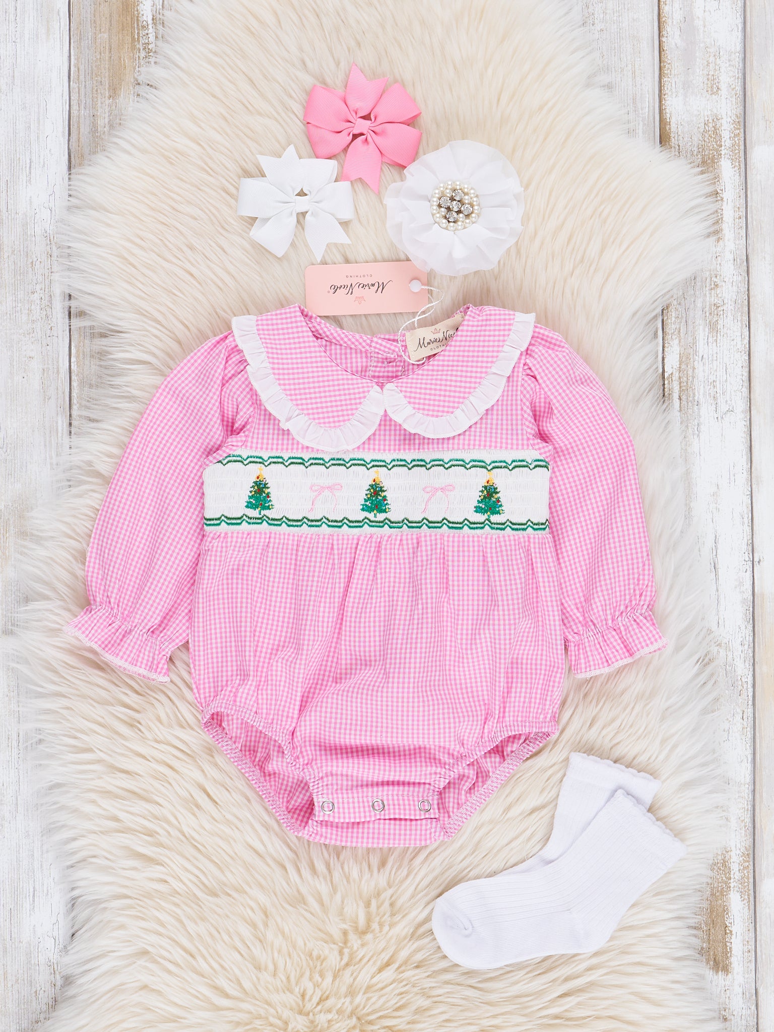 Pink Cotton Smocked Trees Ruffle Bubble Romper - Marie Nicole Clothing
