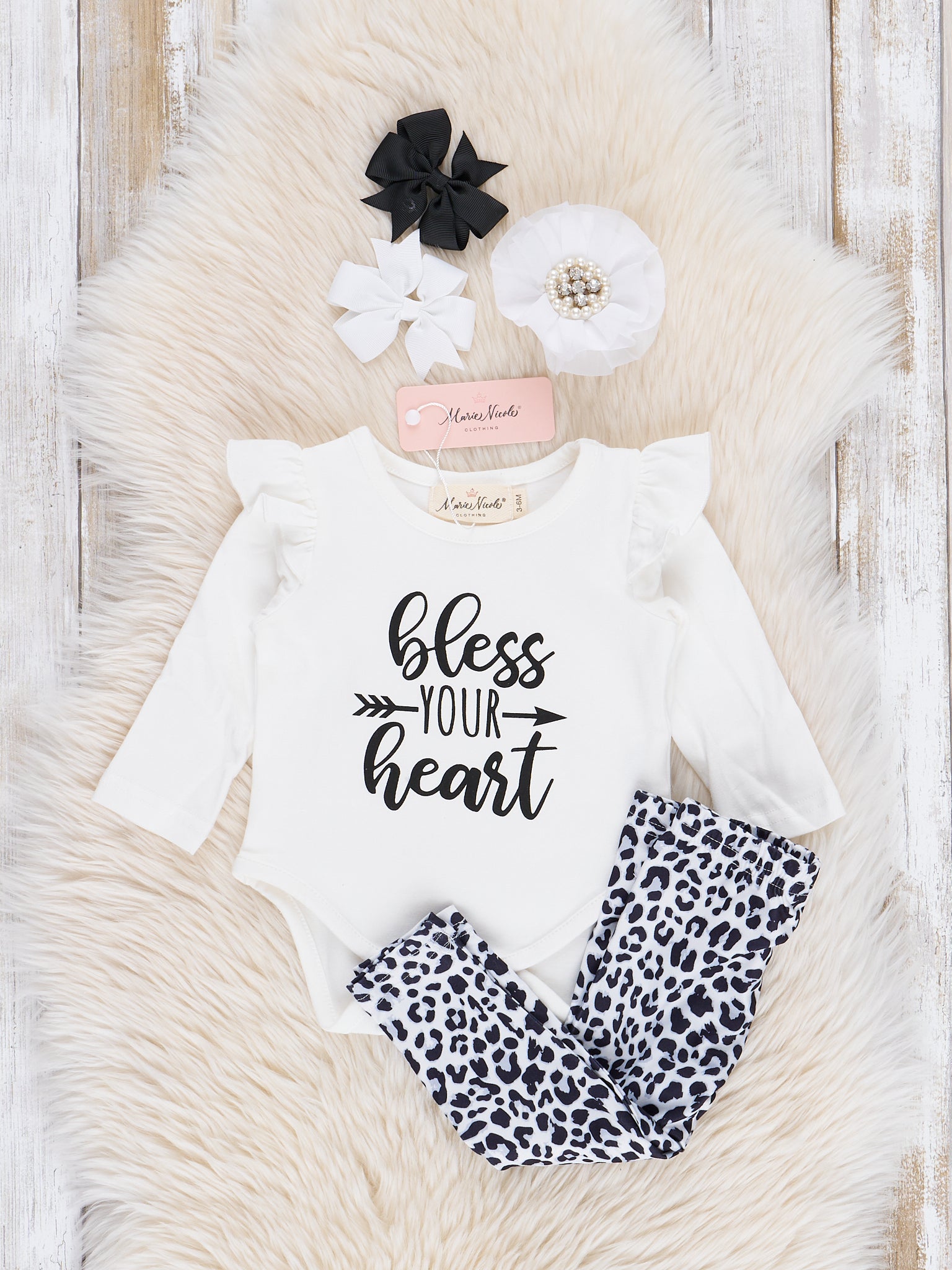 White & Leopard "Bless Your Heart" Ruffle Bubble Outfit - Marie Nicole Clothing