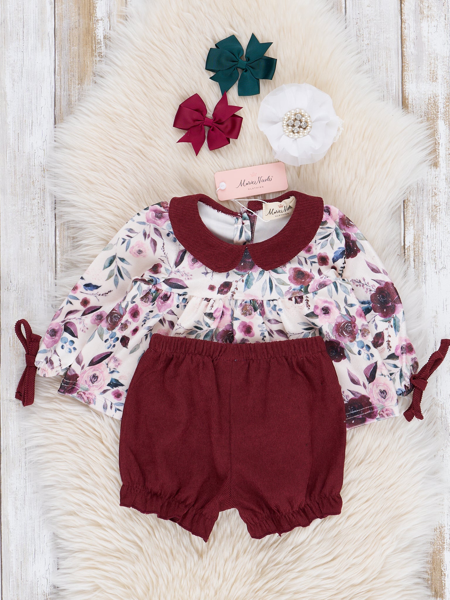 Burgundy Blooms Bloomers Outfit - Marie Nicole Clothing