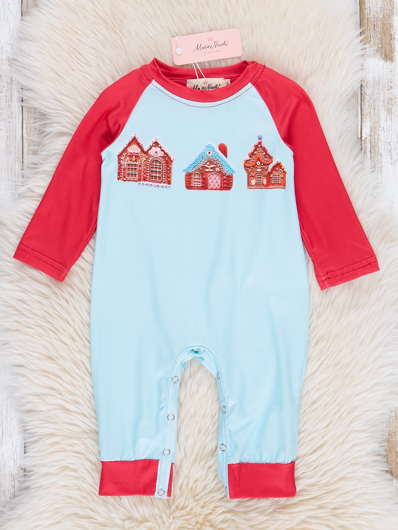 Teal & Red Gingerbread House Raglan Romper - Marie Nicole Clothing