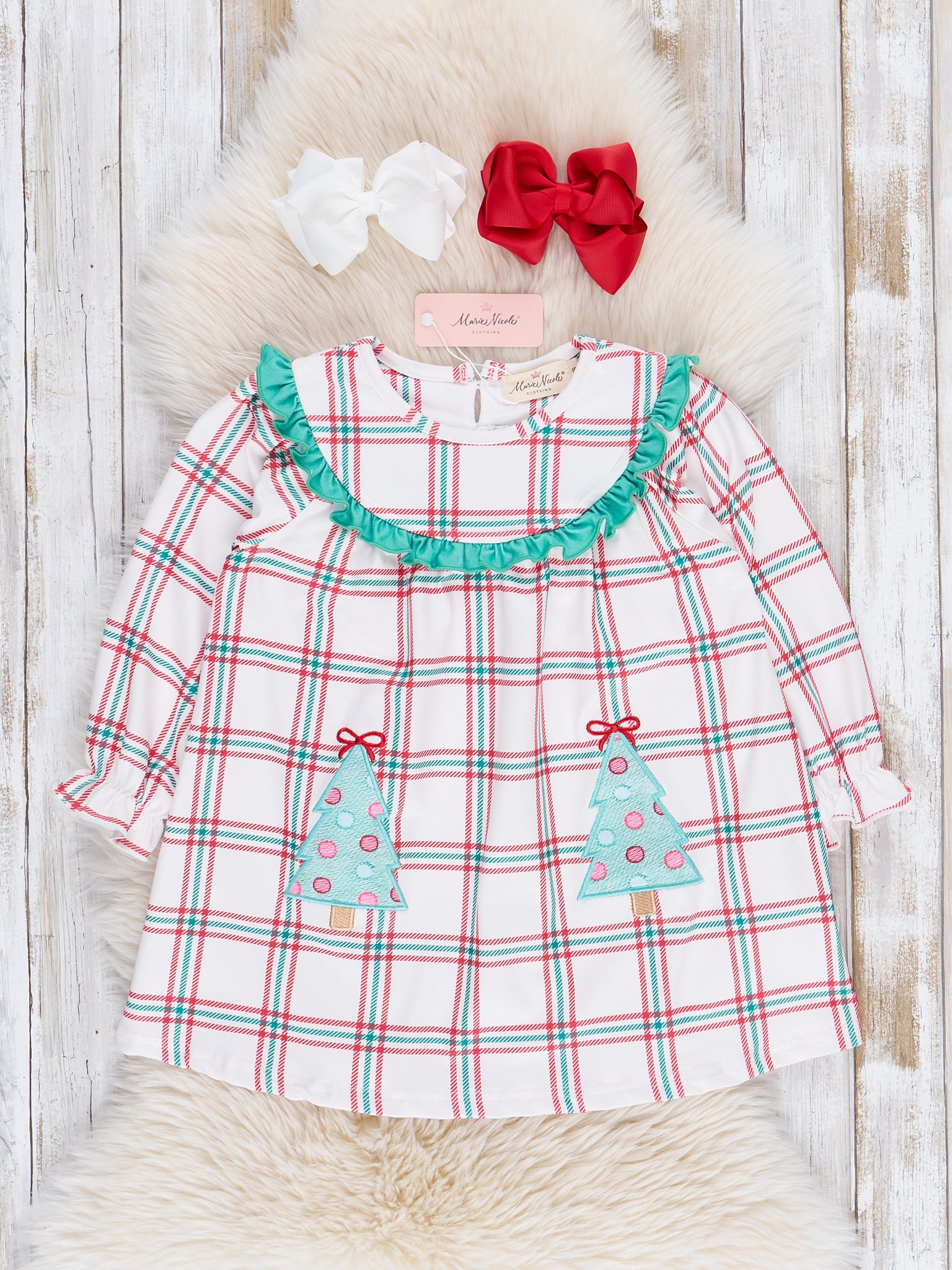 Embroidered Christmas Trees Plaid Ruffle Dress - Marie Nicole Clothing