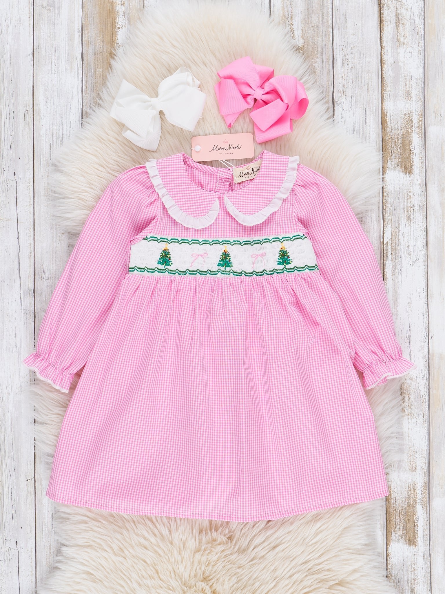 Pink Cotton Smocked Trees Ruffle Dress - Marie Nicole Clothing