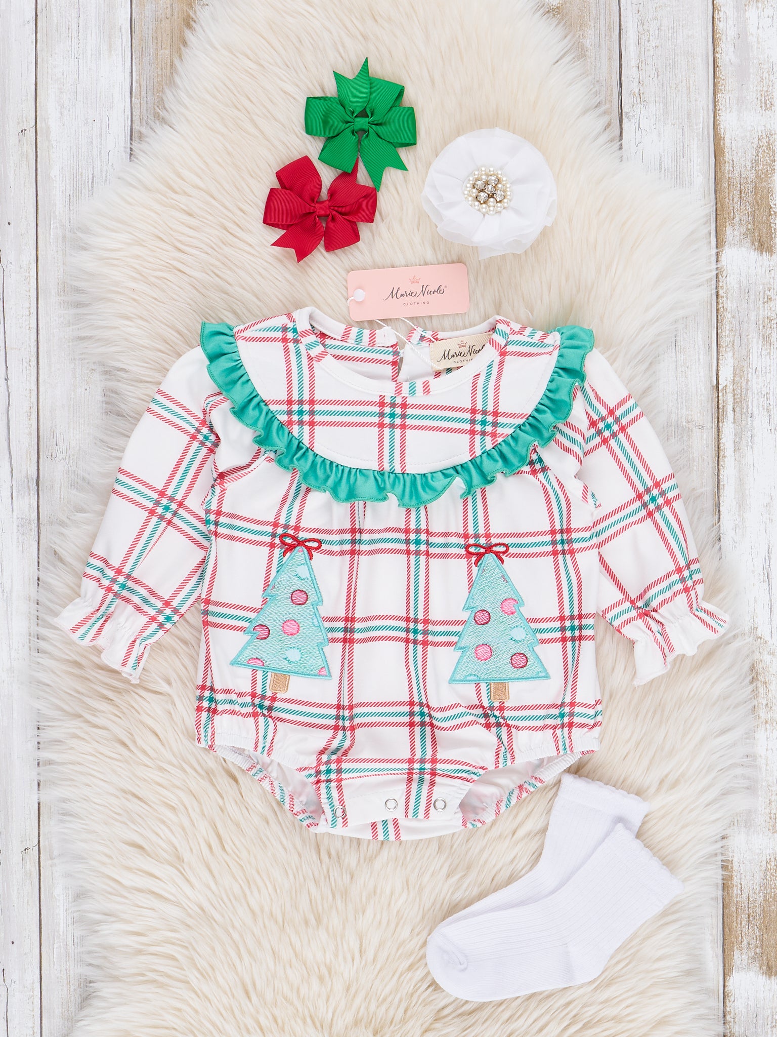 Embroidered Christmas Trees Plaid Ruffle Bubble Romper - Marie Nicole Clothing