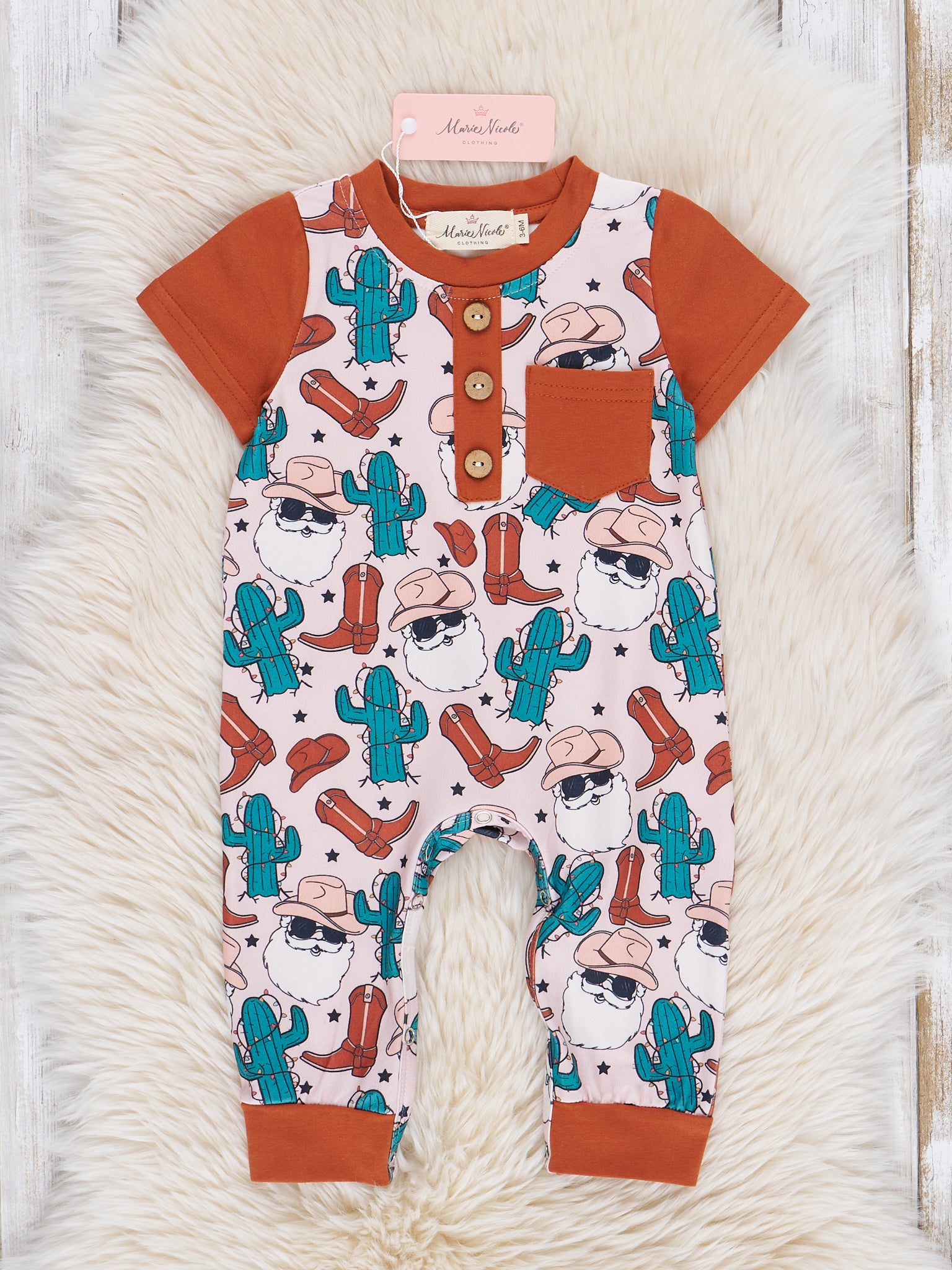 Bronze & Green Cowboy Santa Romper - Marie Nicole Clothing