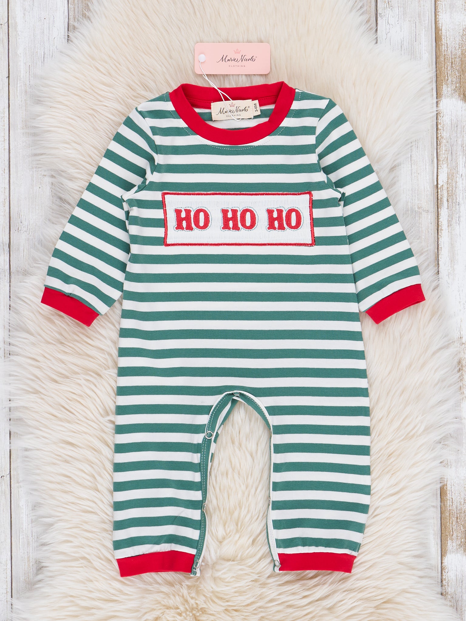 Red & Green Smocked "Ho Ho Ho" Romper - Marie Nicole Clothing