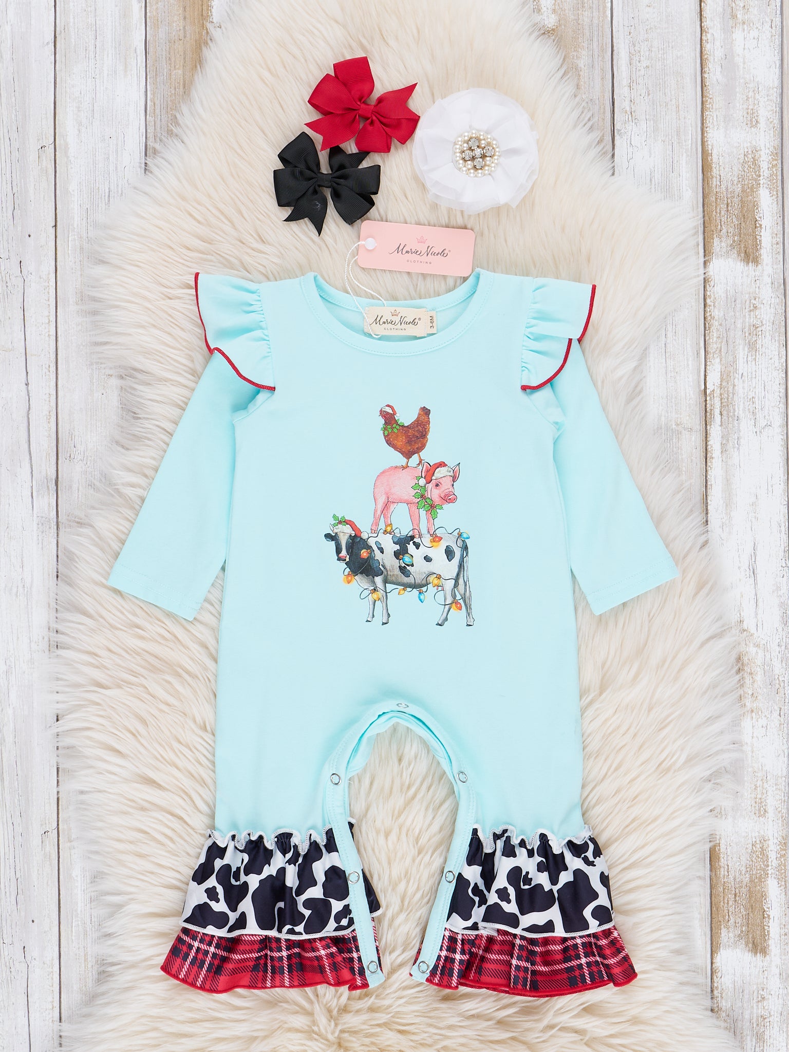 Ice Blue Farm Friends Plaid Ruffle Romper - Marie Nicole Clothing
