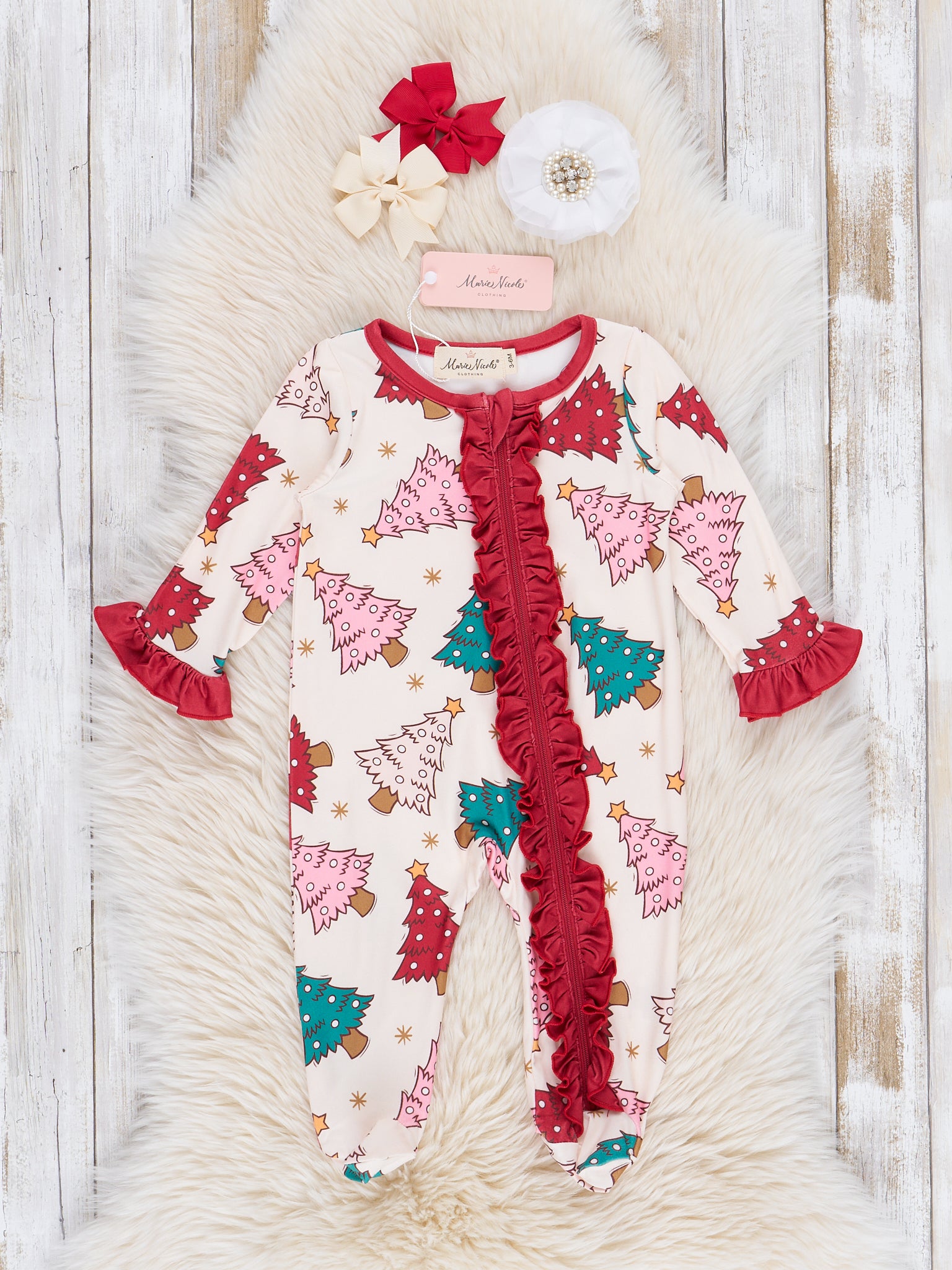 Red & Green Whimsy Trees Footed Sleeper Pajamas - Marie Nicole Clothing