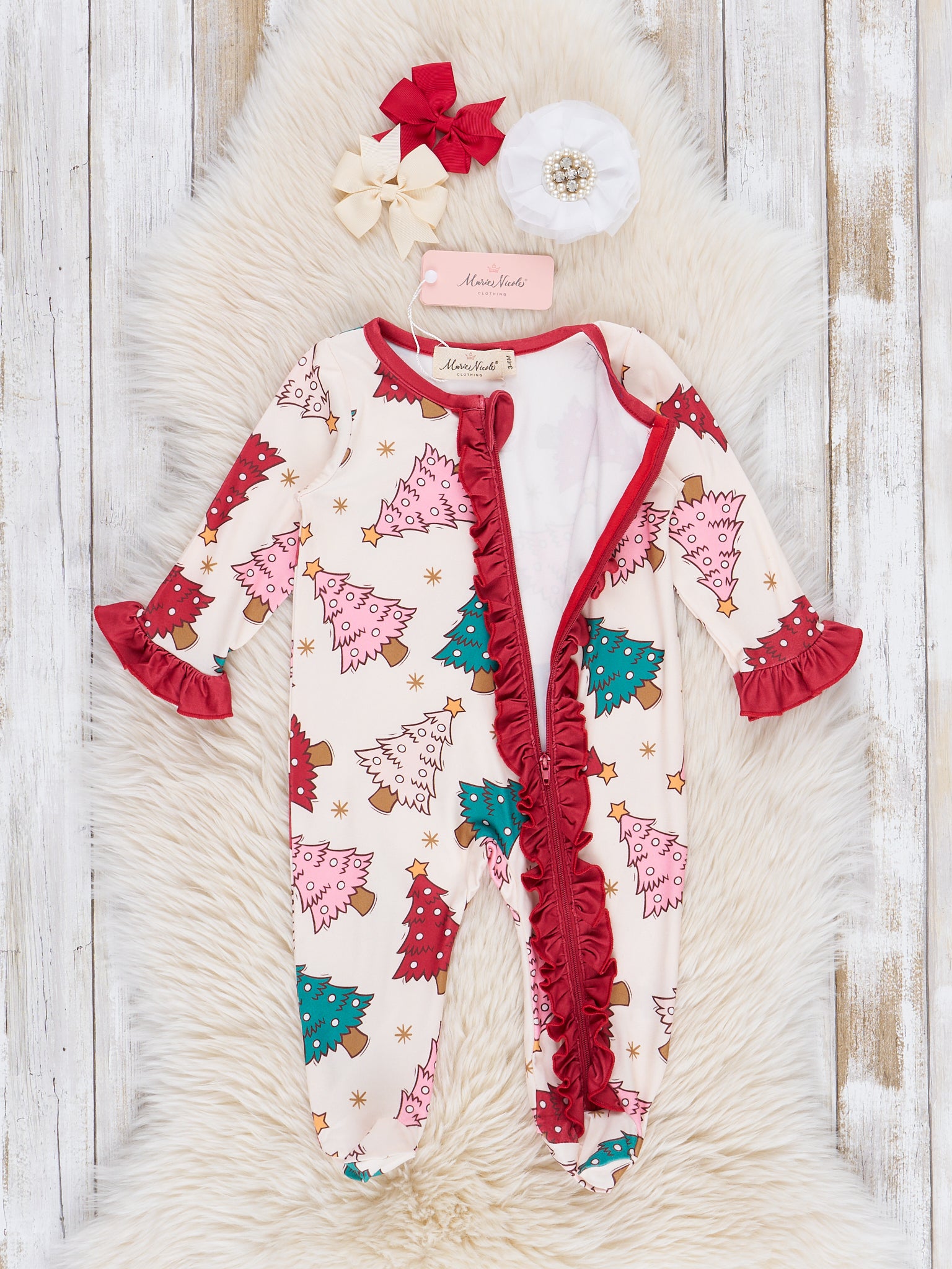 Red & Green Whimsy Trees Footed Sleeper Pajamas - Marie Nicole Clothing