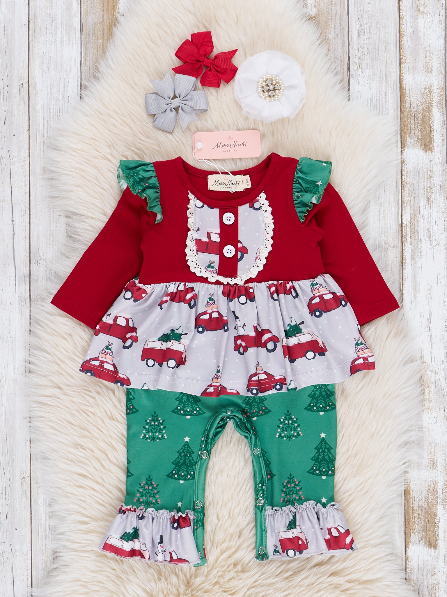 Red & Grey Tree Cars Ruffle Romper - Marie Nicole Clothing