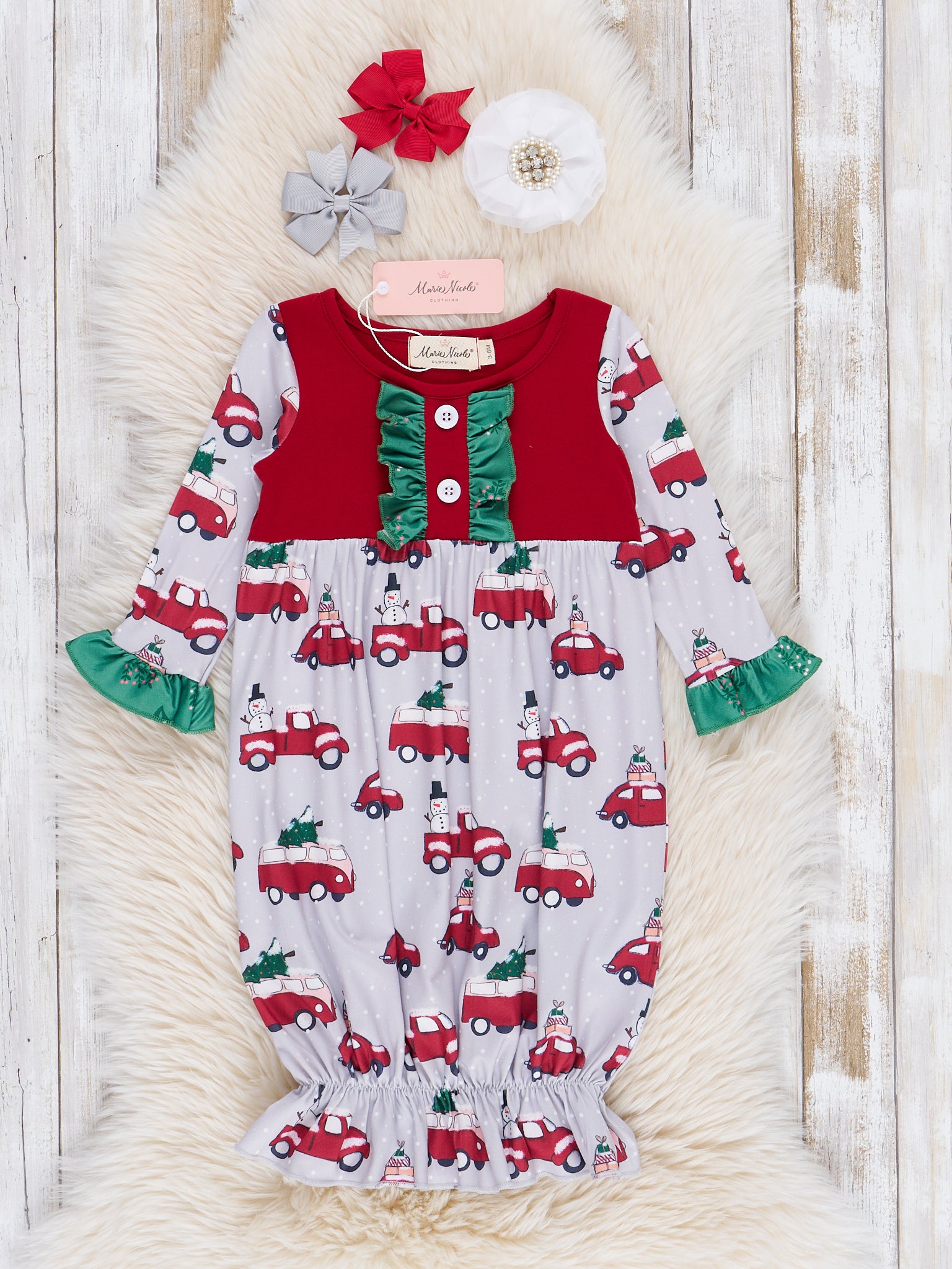 Red & Grey Tree Cars Ruffle Sleep Gown - Marie Nicole Clothing