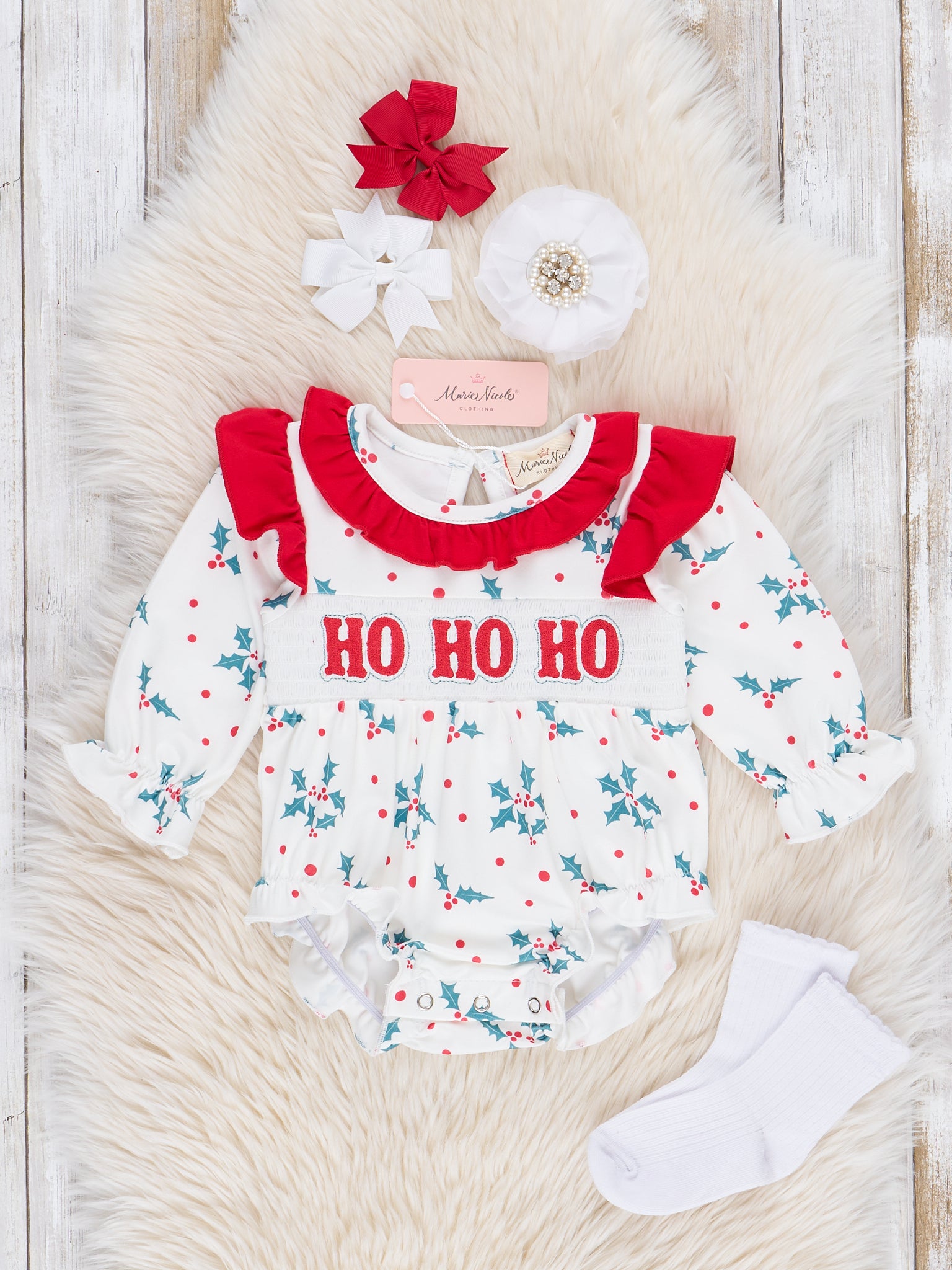 Red & Green Smocked "Ho Ho Ho" Ruffle Bubble Romper - Marie Nicole Clothing