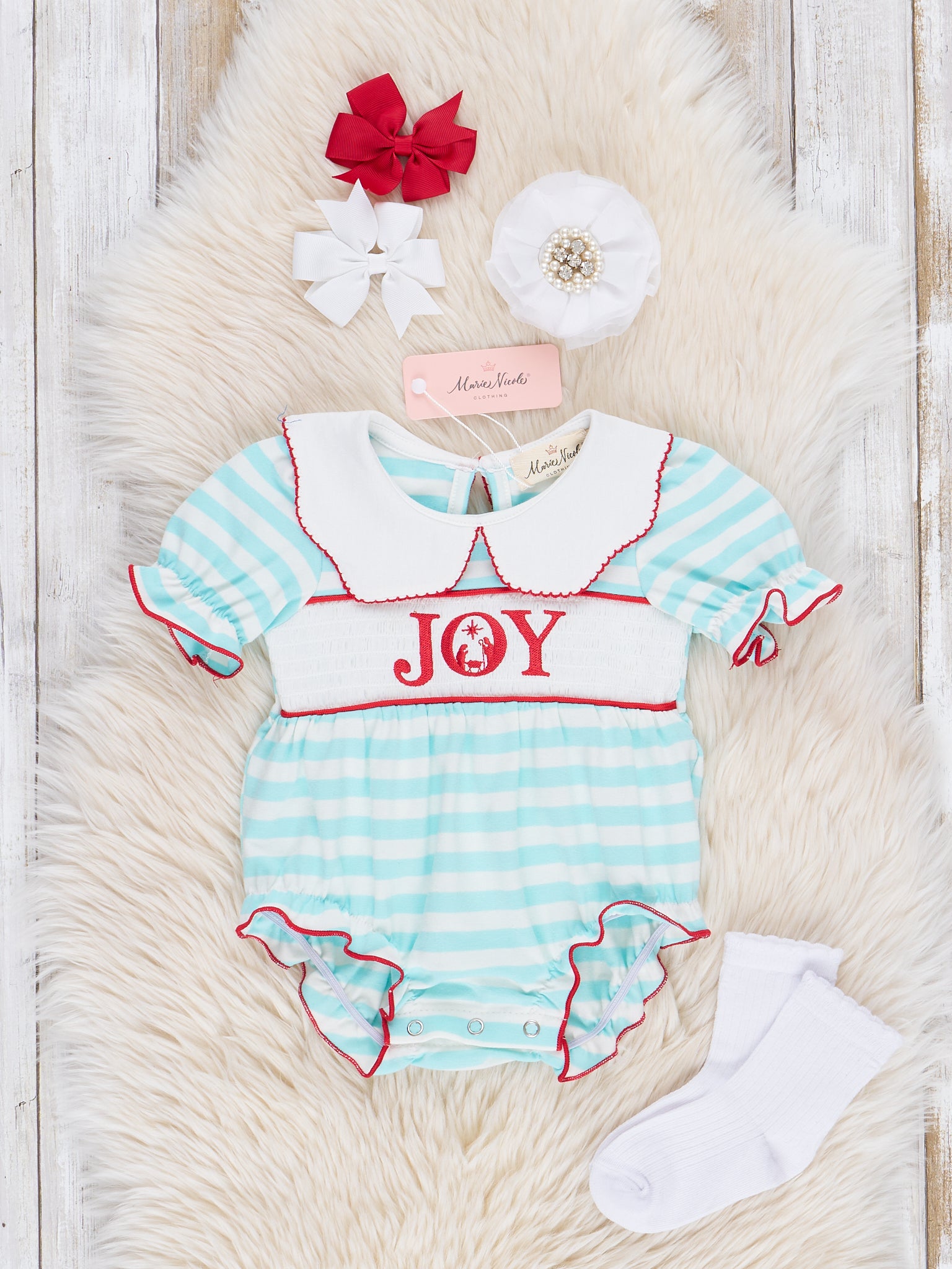 Joyful Ice Blue Stripes Smocked Bubble Romper - Marie Nicole Clothing