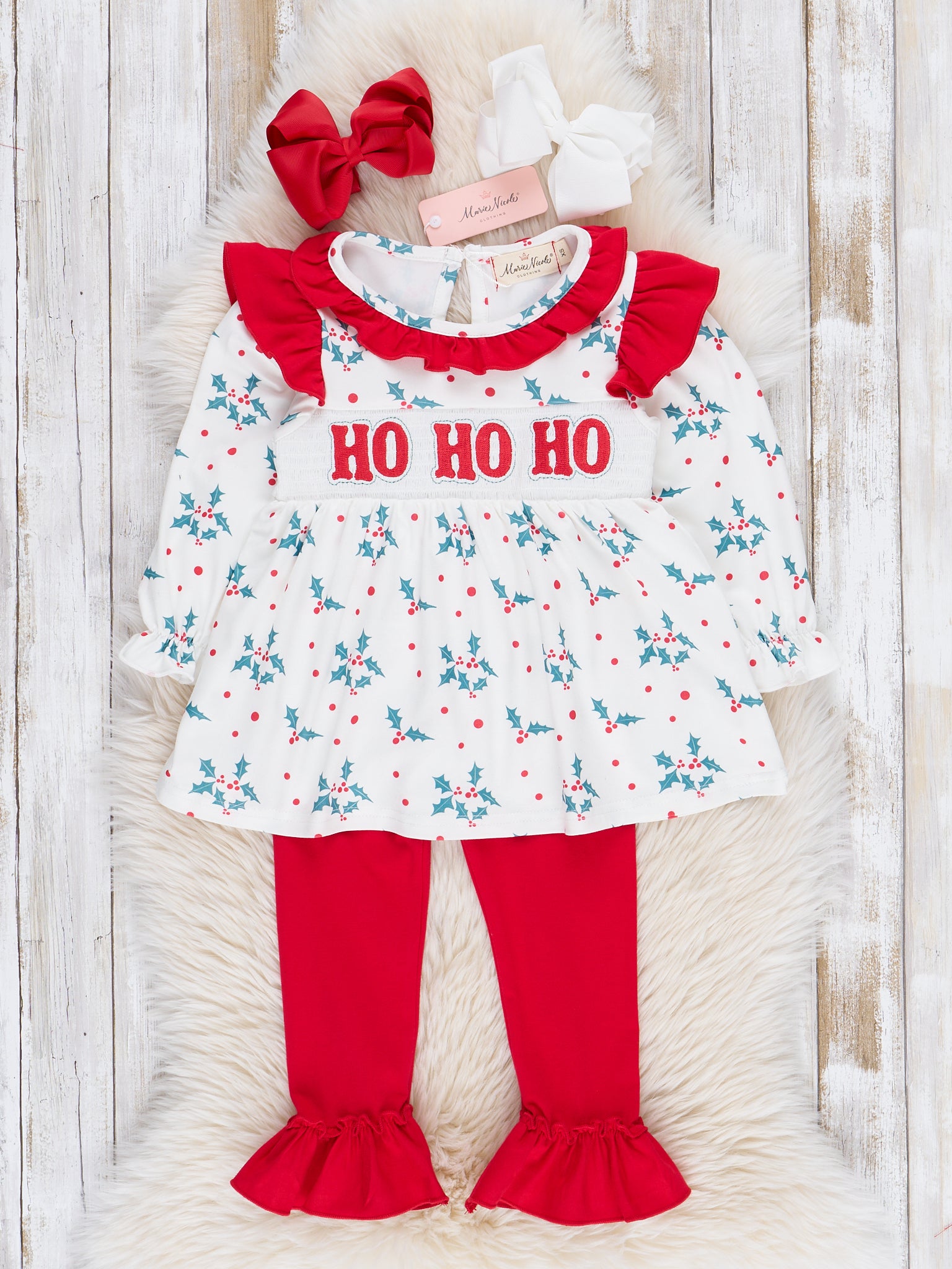 Red & Green Smocked "Ho Ho Ho" Ruffle Outfit - Marie Nicole Clothing