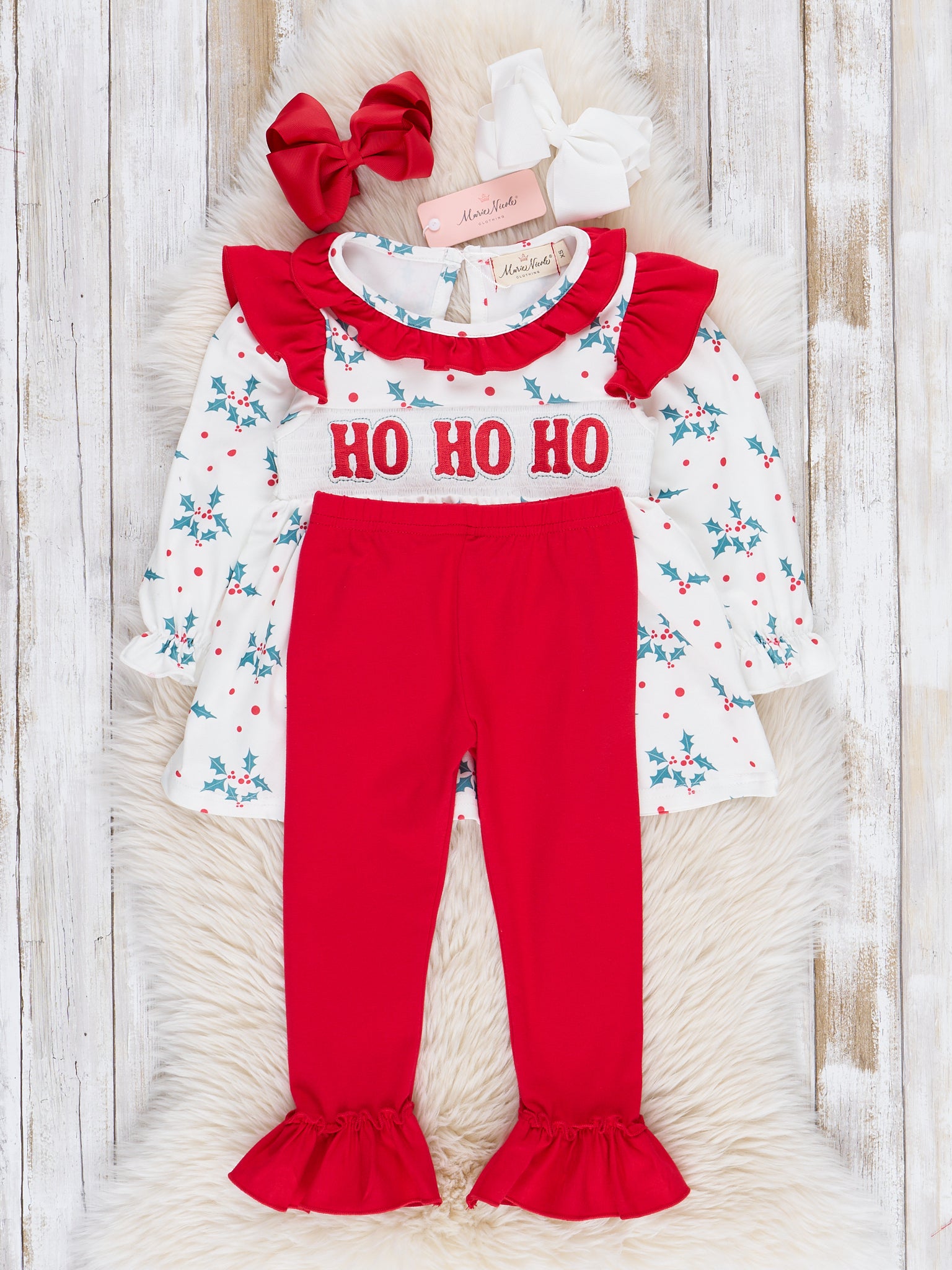 Red & Green Smocked "Ho Ho Ho" Ruffle Outfit - Marie Nicole Clothing