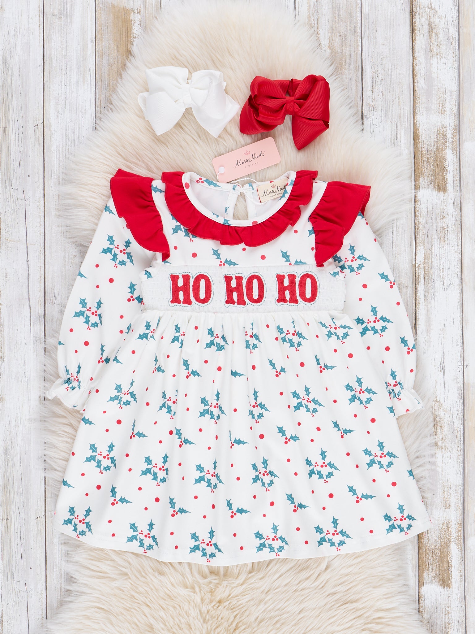 Red & Green Smocked "Ho Ho Ho" Ruffle Dress - Marie Nicole Clothing