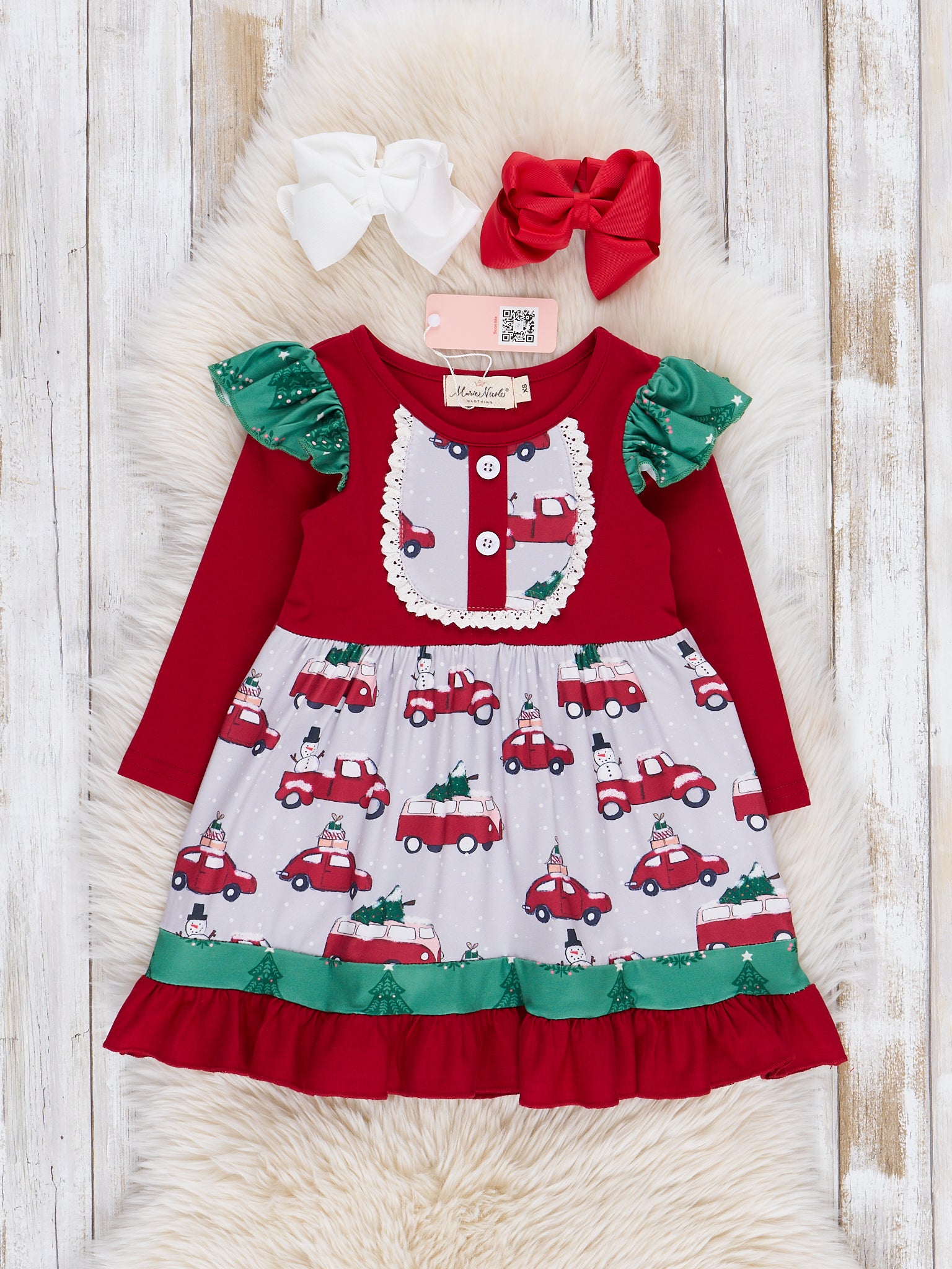 Red & Grey Tree Cars Ruffle Dress - Marie Nicole Clothing