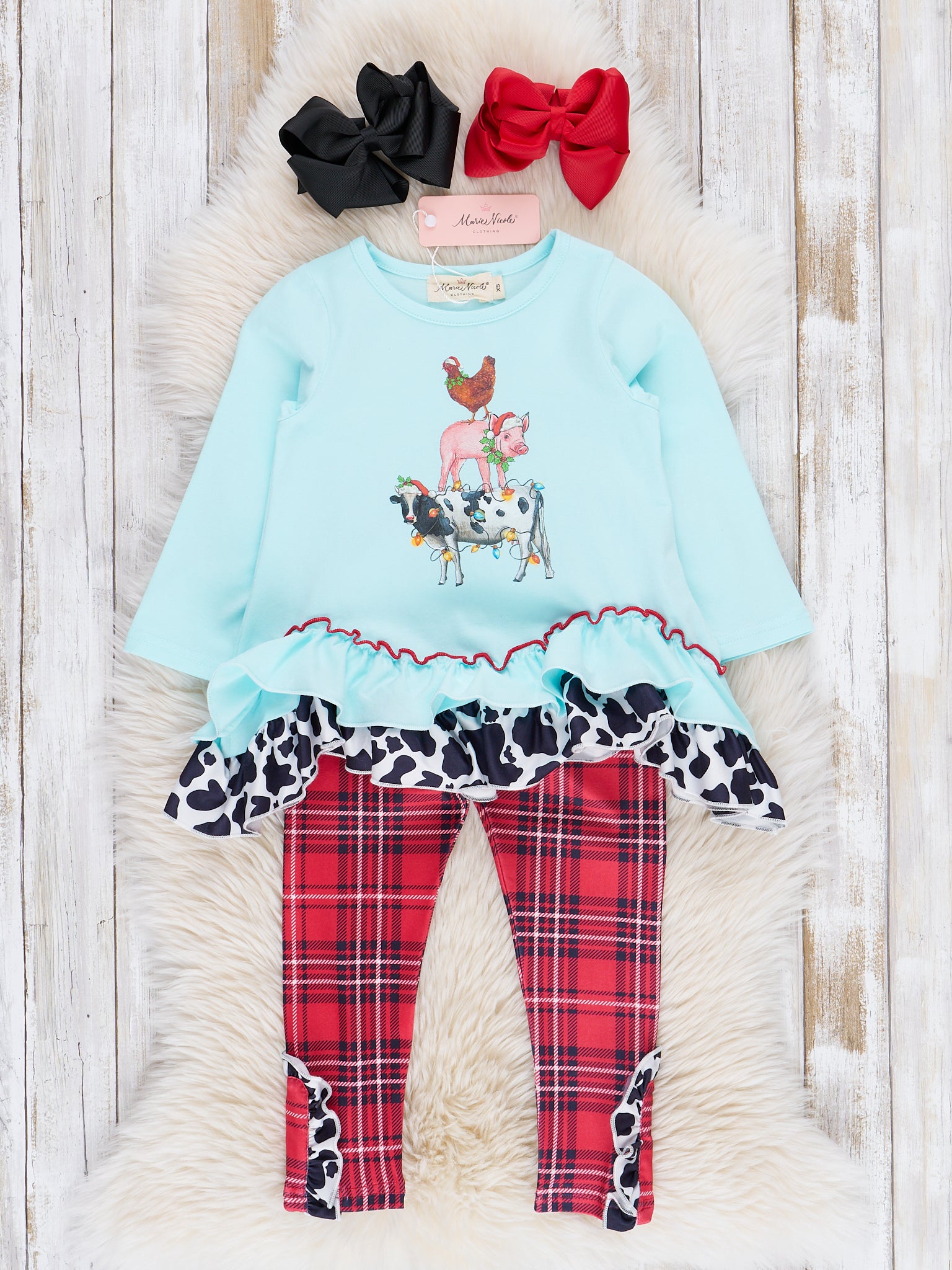 Ice Blue Farm Friends Plaid Ruffle Outfit - Marie Nicole Clothing
