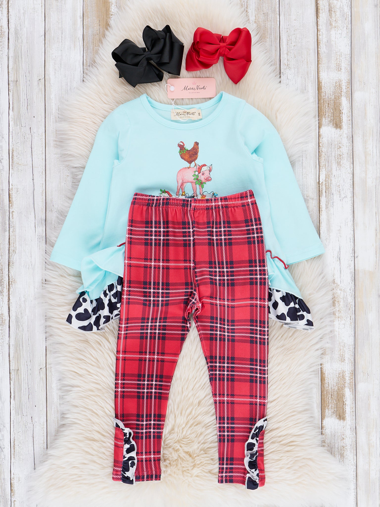 Ice Blue Farm Friends Plaid Ruffle Outfit - Marie Nicole Clothing