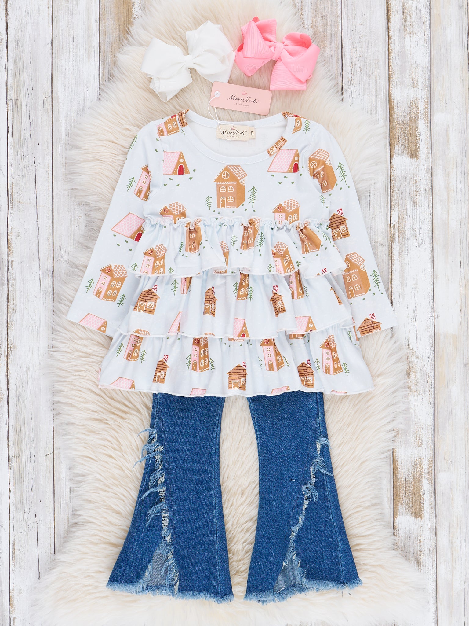 Gingerbread House Denim Bell Bottoms Outfit - Marie Nicole Clothing