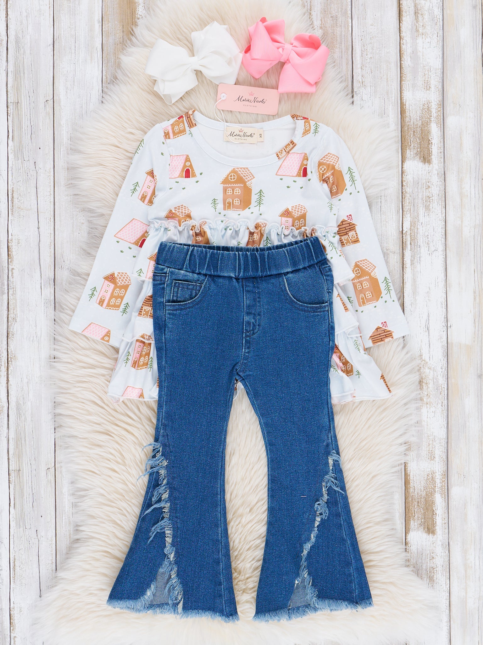 Gingerbread House Denim Bell Bottoms Outfit - Marie Nicole Clothing