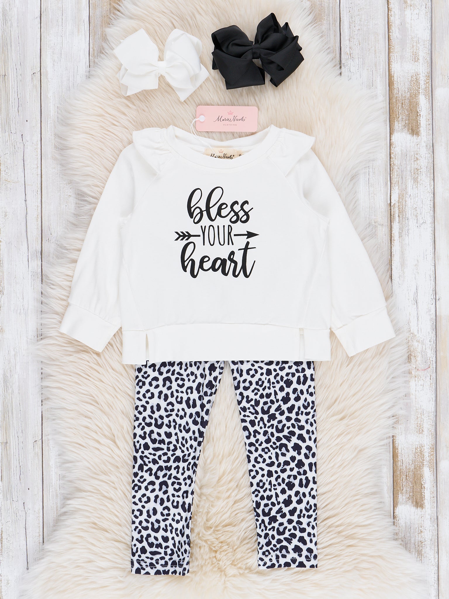 White & Leopard "Bless Your Heart" Ruffle Outfit - Marie Nicole Clothing