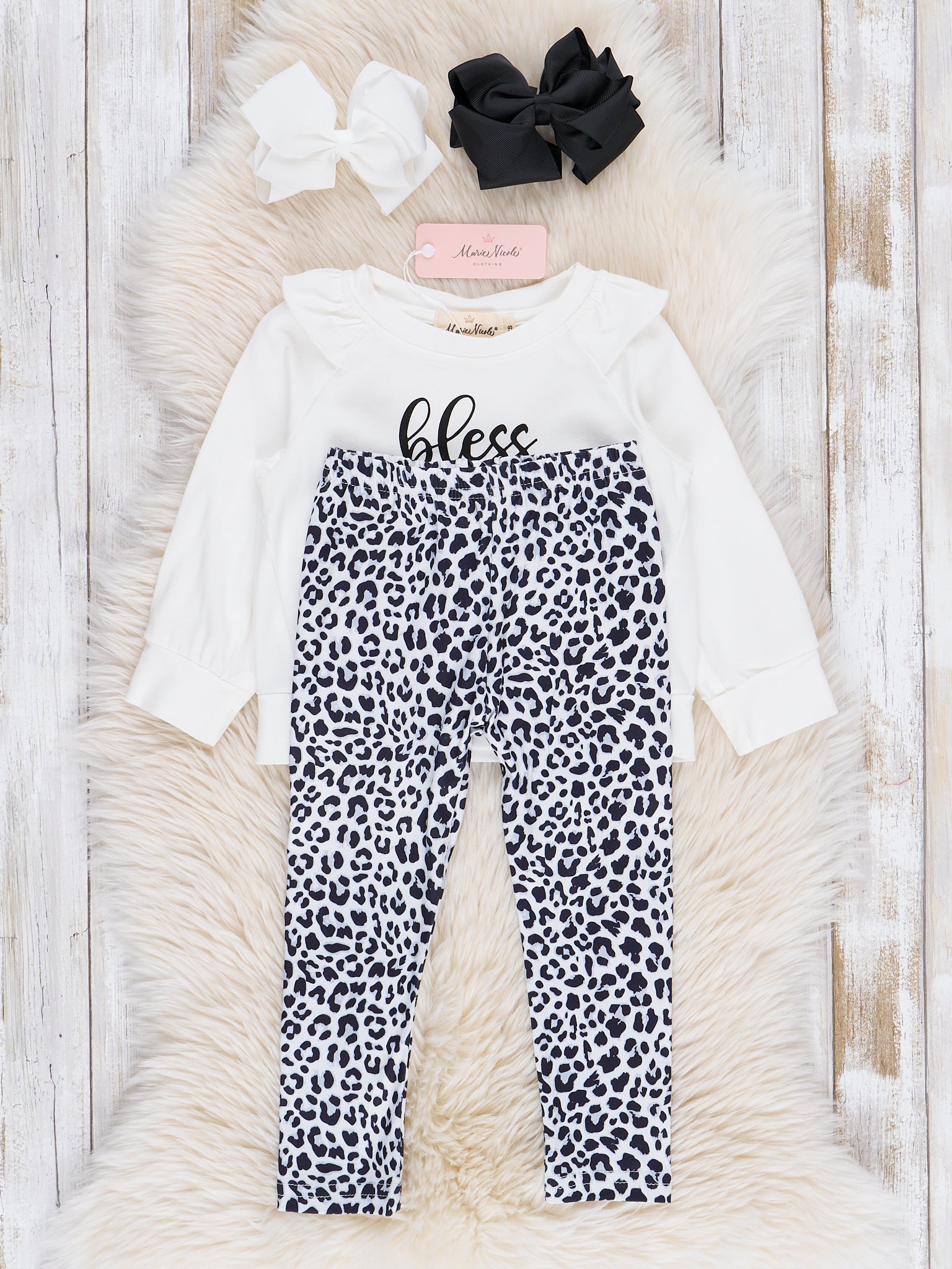 White & Leopard "Bless Your Heart" Ruffle Outfit - Marie Nicole Clothing
