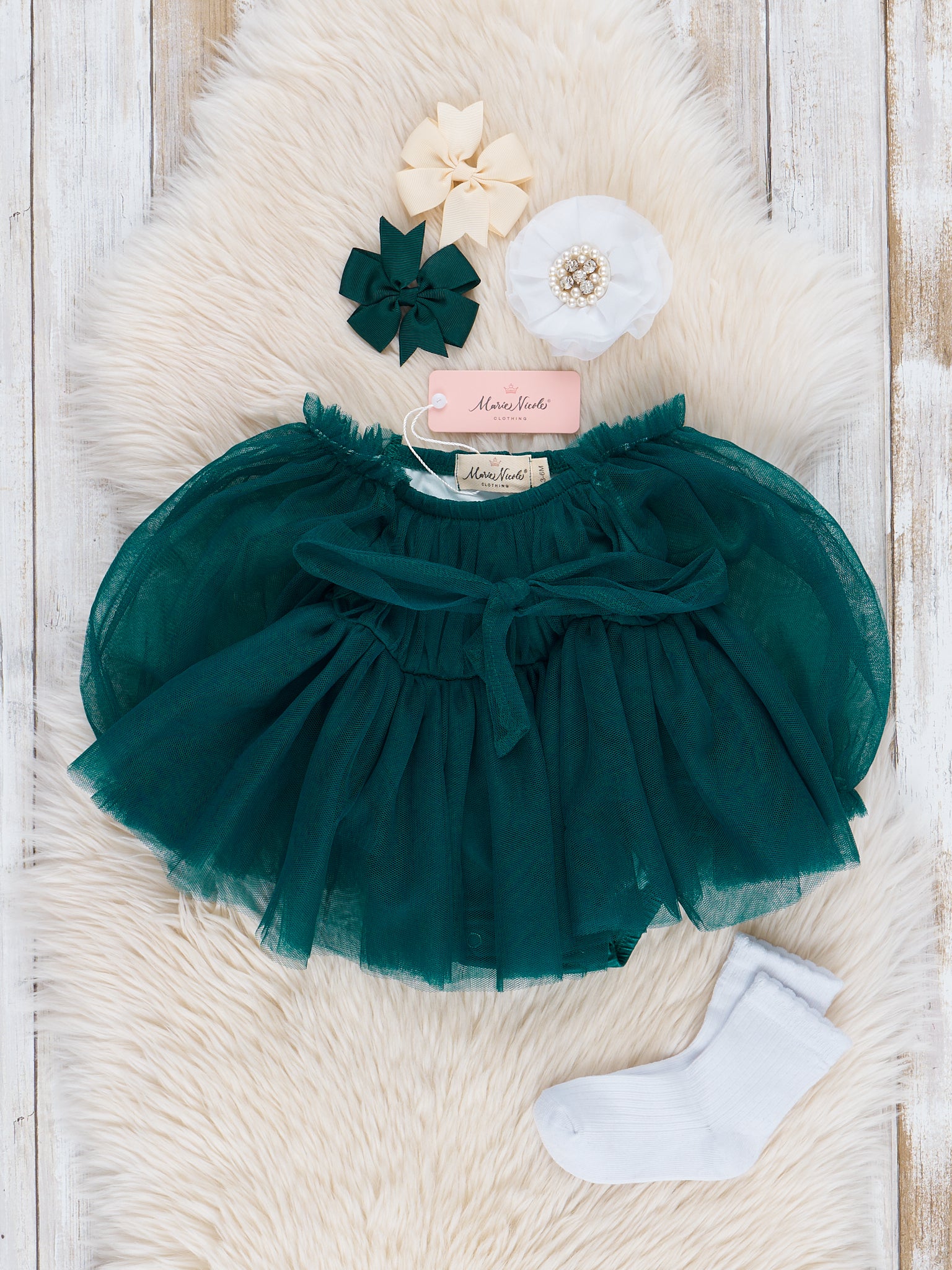 Green Tulle Bow Bubble Romper - Marie Nicole Clothing