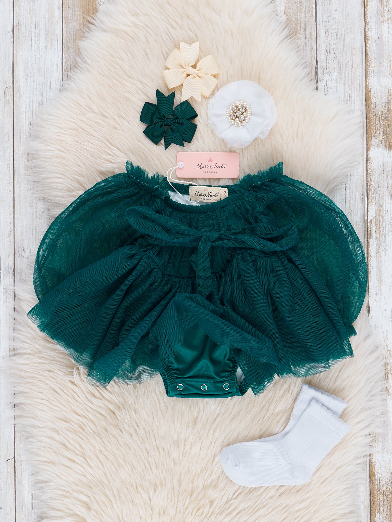 Green Tulle Bow Bubble Romper - Marie Nicole Clothing