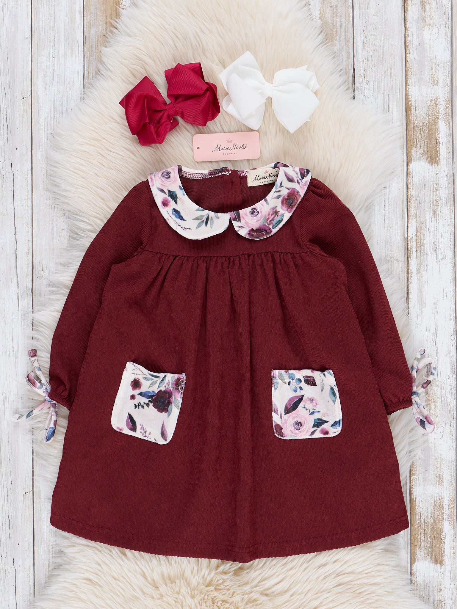 Burgundy Blooms Corduroy Dress - Marie Nicole Clothing