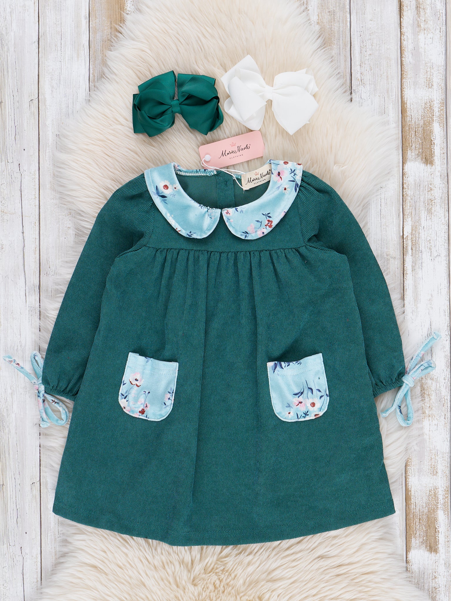 Green Blooms Corduroy Dress - Marie Nicole Clothing