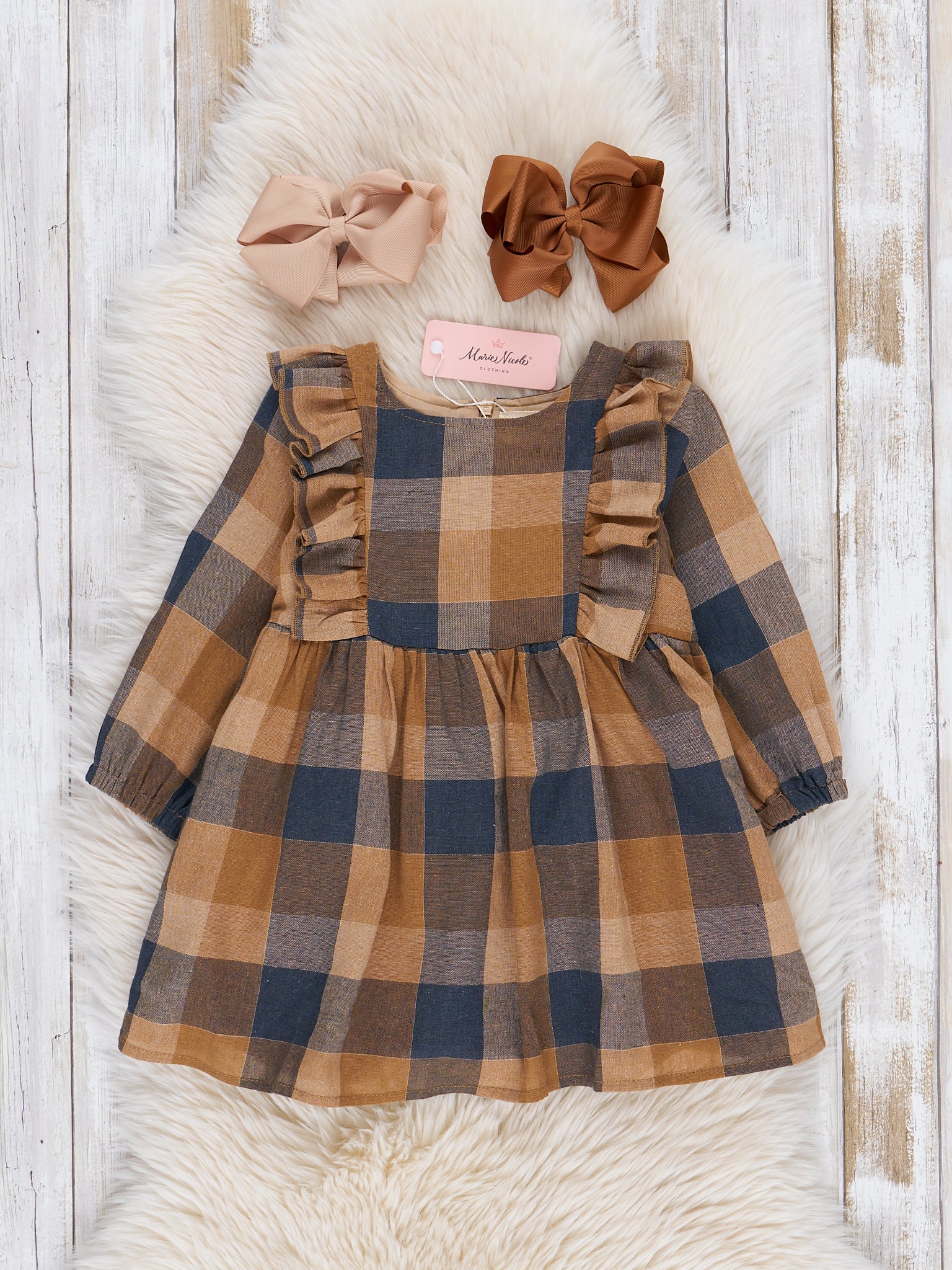 Navy & Caramel Plaid Cotton Ruffle Dress - Marie Nicole Clothing