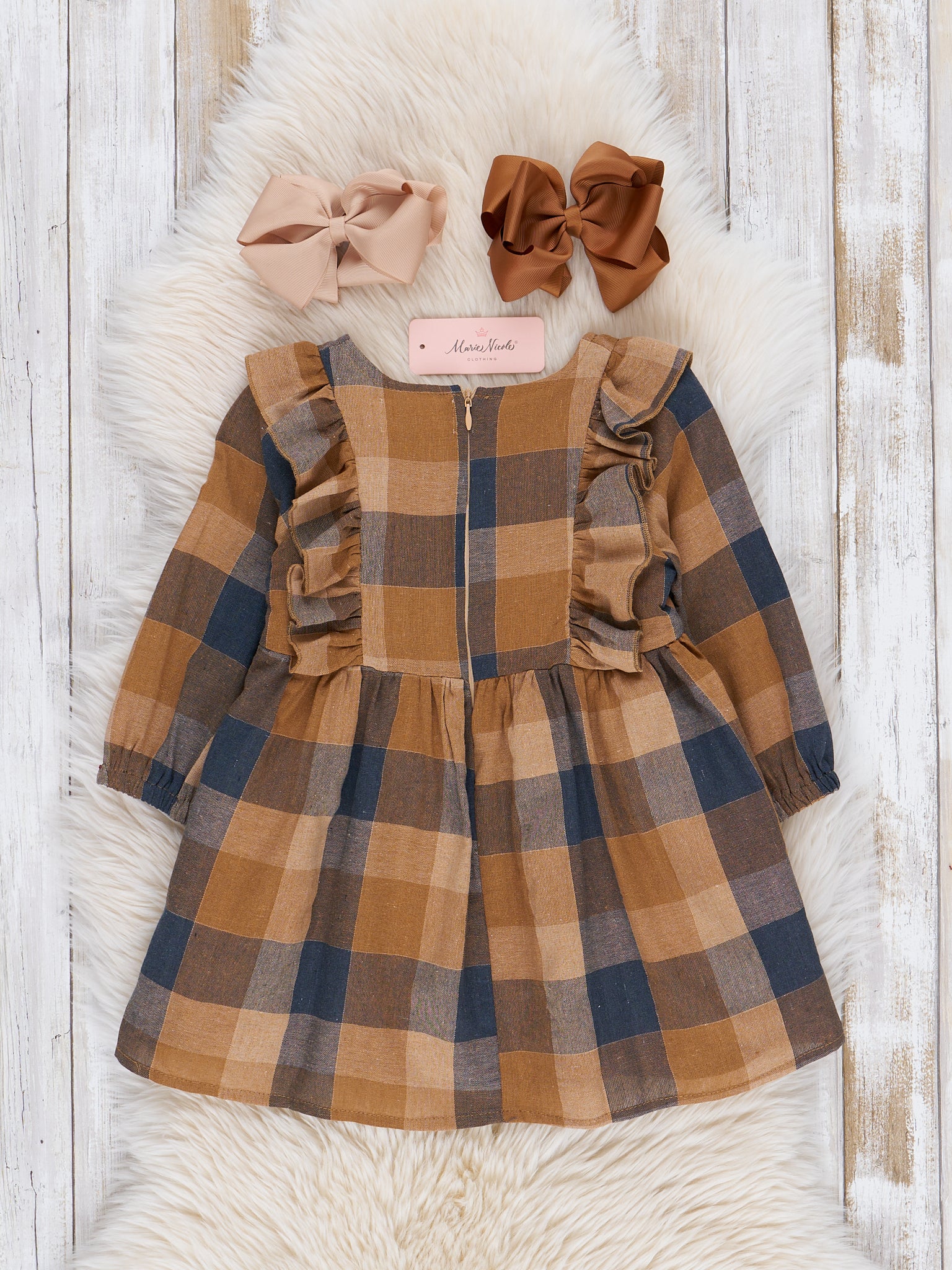 Navy & Caramel Plaid Cotton Ruffle Dress - Marie Nicole Clothing