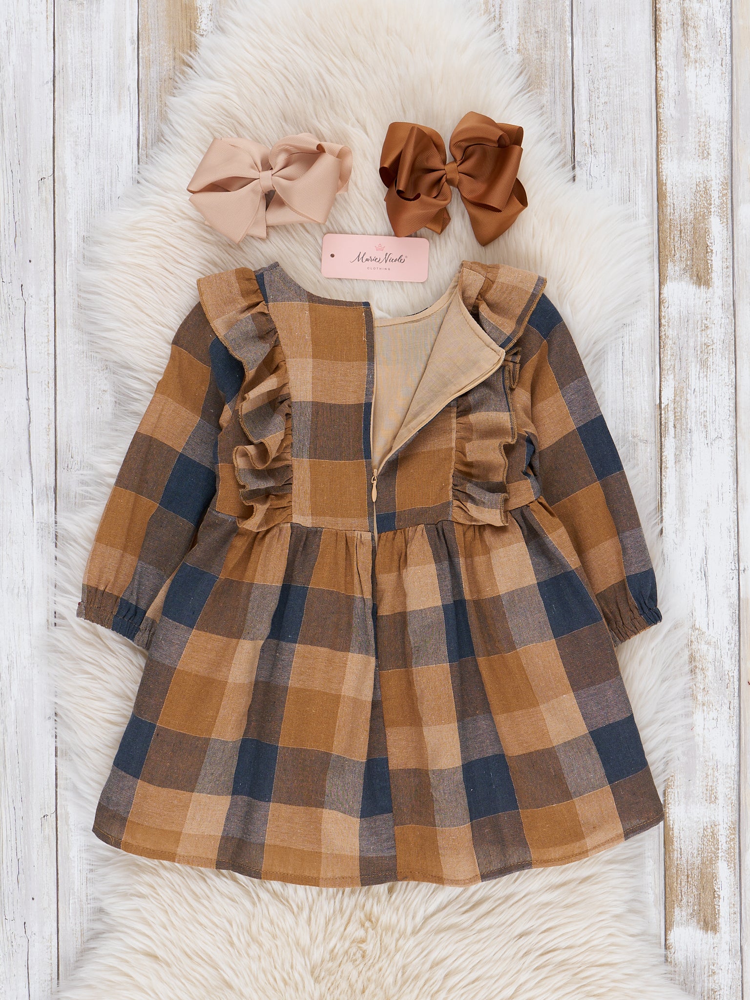 Navy & Caramel Plaid Cotton Ruffle Dress - Marie Nicole Clothing