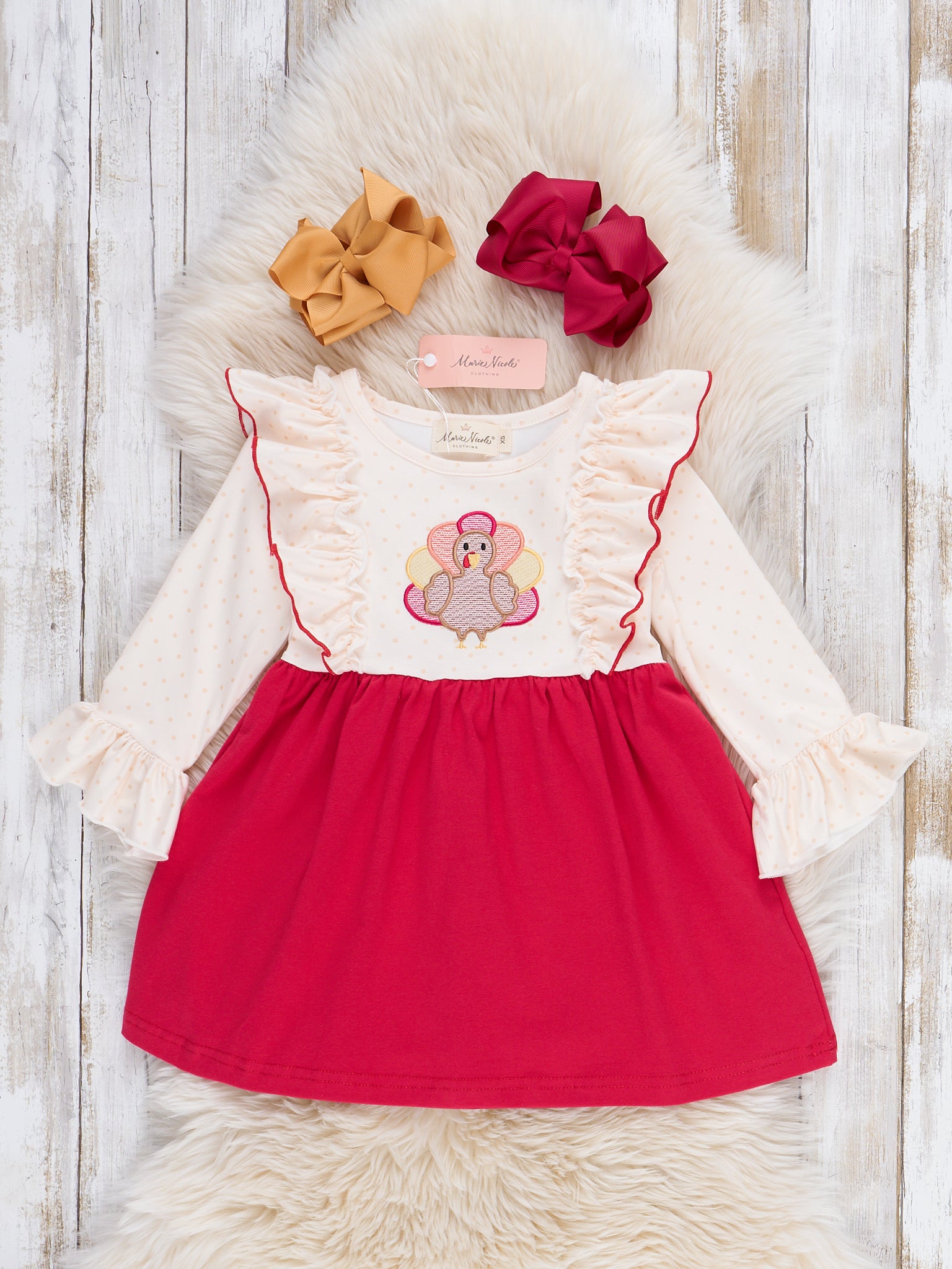 Turkey Day Embroidered Ruffle Dress - Marie Nicole Clothing