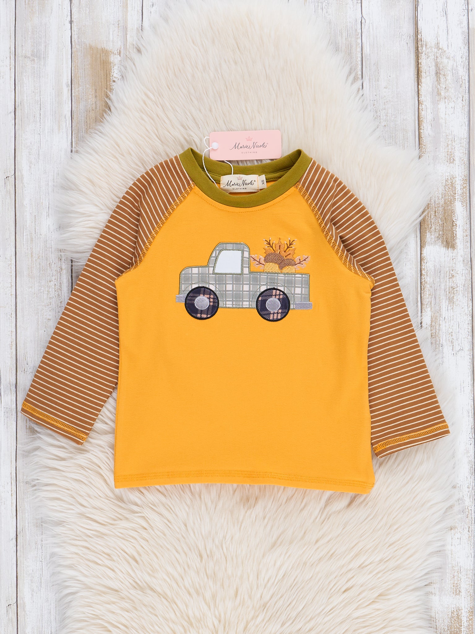 Yellow & Brown Gingham Fall Truck Shirt - Marie Nicole Clothing
