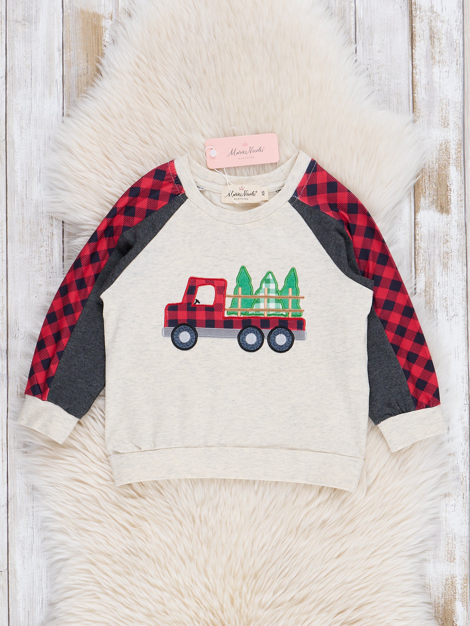 Grey Embroidered Christmas Tree Truck Plaid Raglan Shirt - Marie Nicole Clothing
