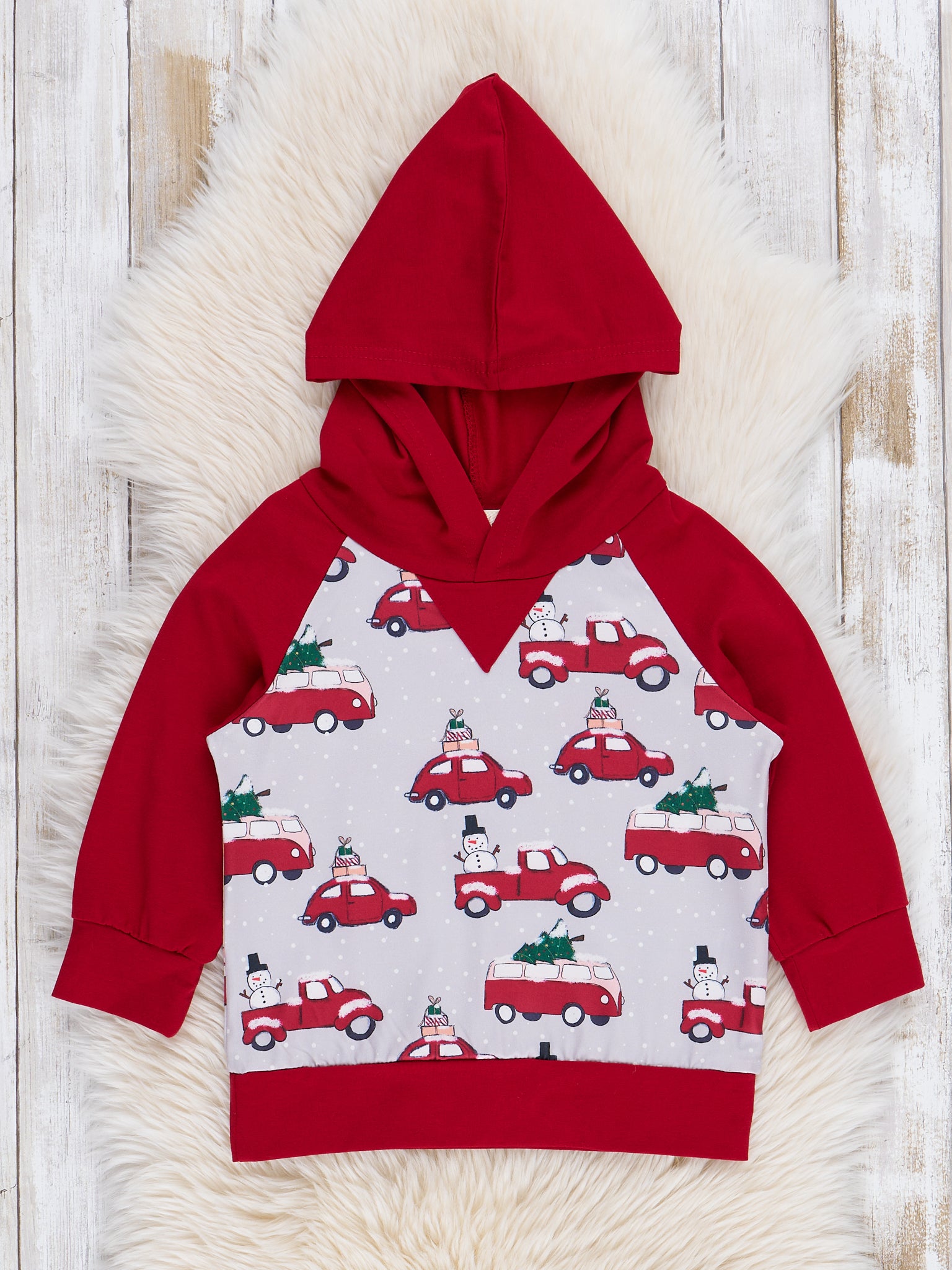 Red & Grey Holiday Tree Cars Raglan Shirt - Marie Nicole Clothing