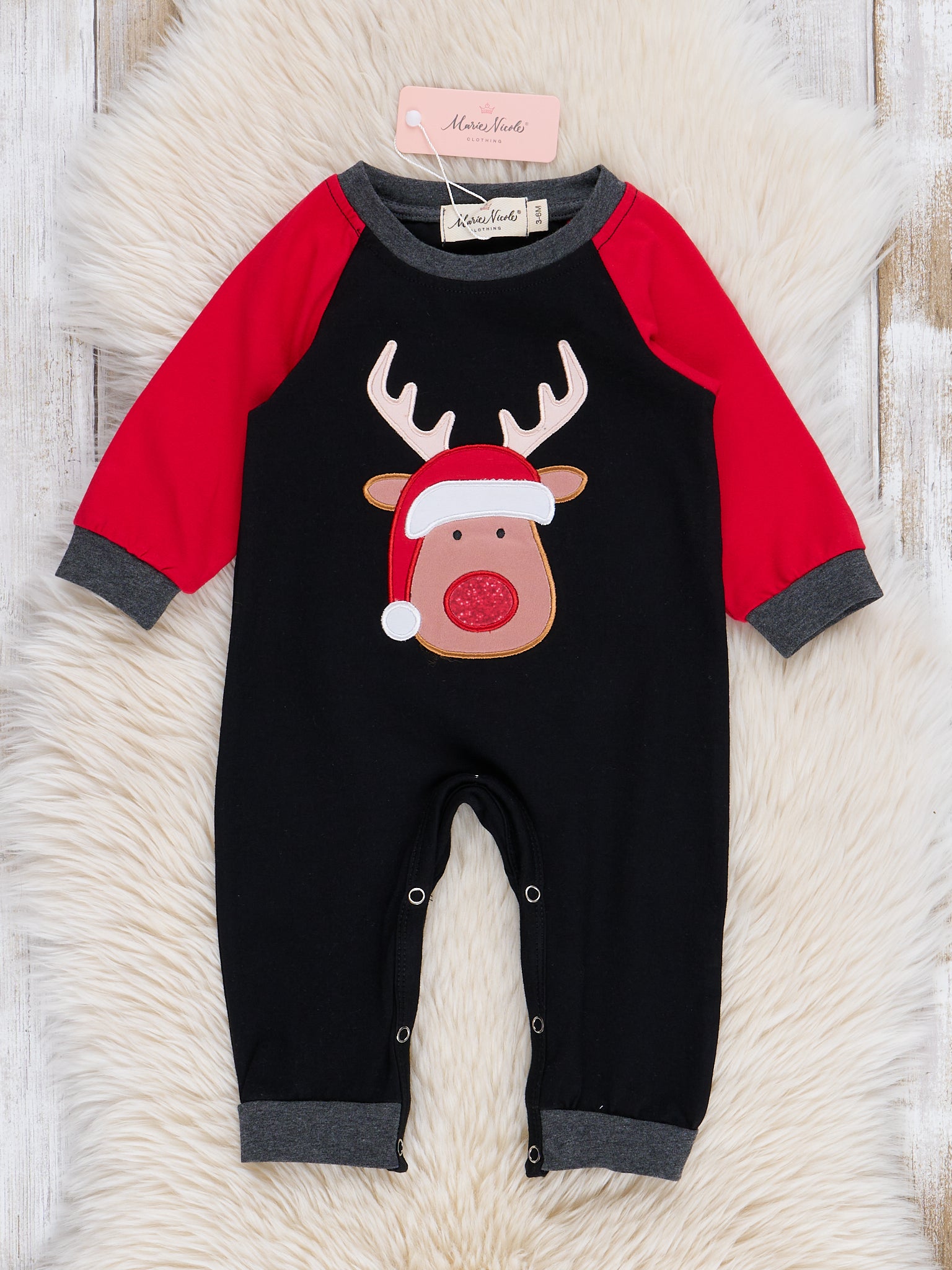 Grey & Red Embroidered Reindeer Raglan Romper - Marie Nicole Clothing