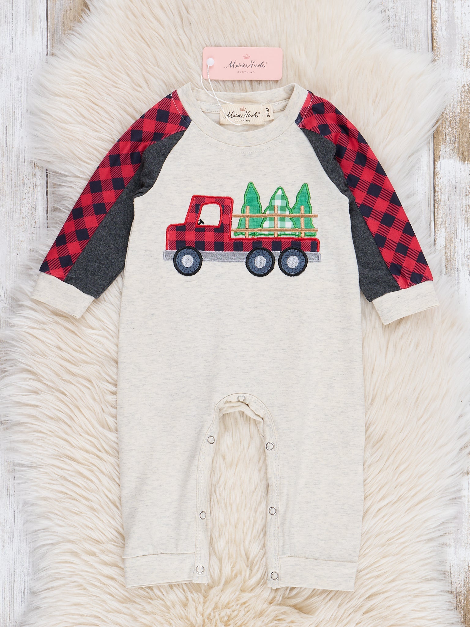 Grey Embroidered Christmas Tree Truck Plaid Raglan Romper - Marie Nicole Clothing
