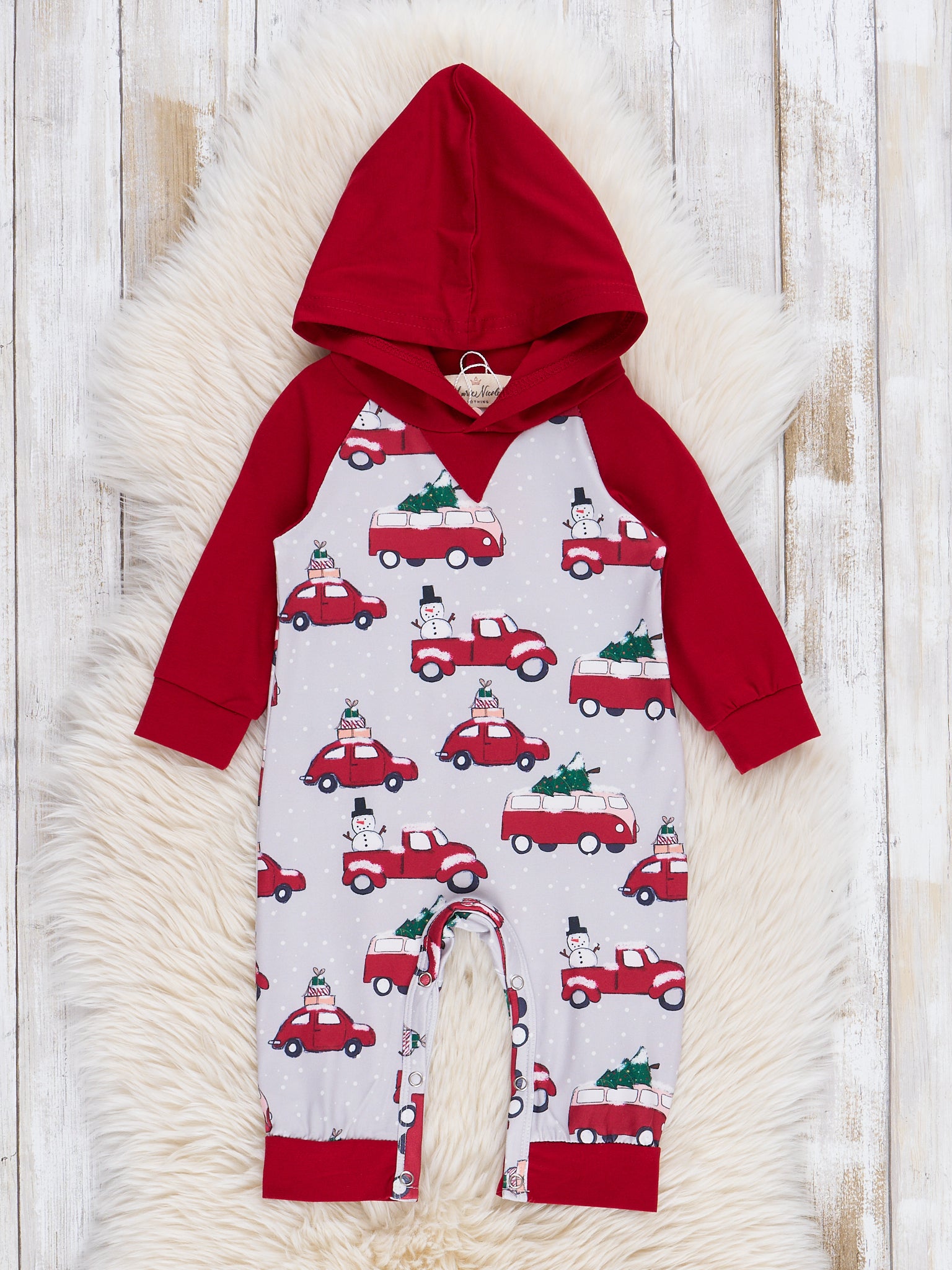 Red & Grey Holiday Tree Cars Raglan Romper - Marie Nicole Clothing