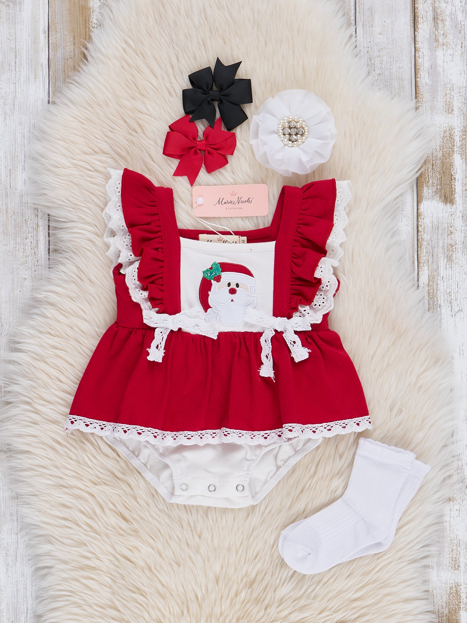 Christmas Red Embroidered Santa Lace Ruffle Bubble Romper - Marie Nicole Clothing