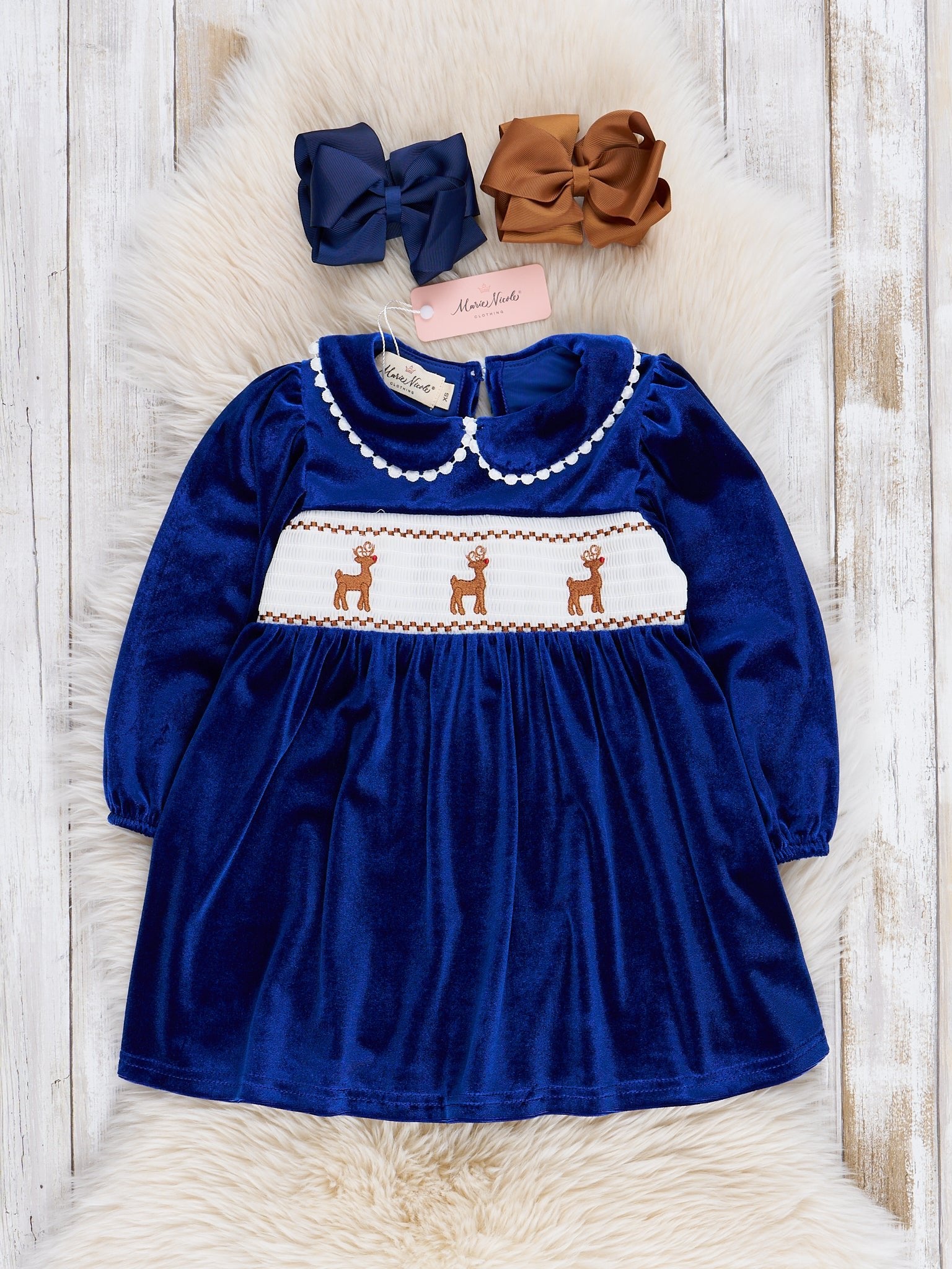 Royal Blue Smocked Reindeer Velvet Dress - Marie Nicole Clothing
