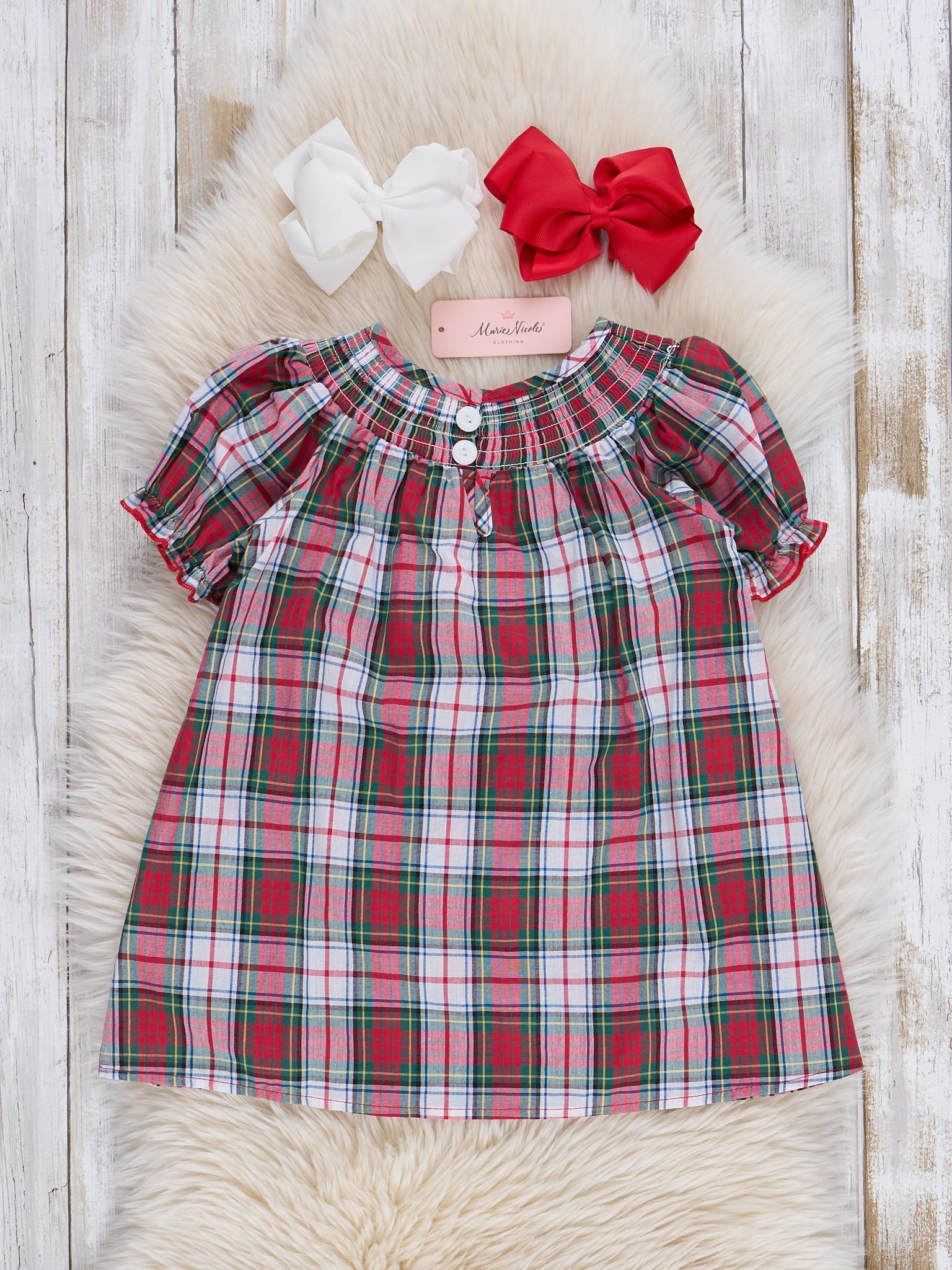 Vintage Christmas Plaid Smocked Dress - Marie Nicole Clothing
