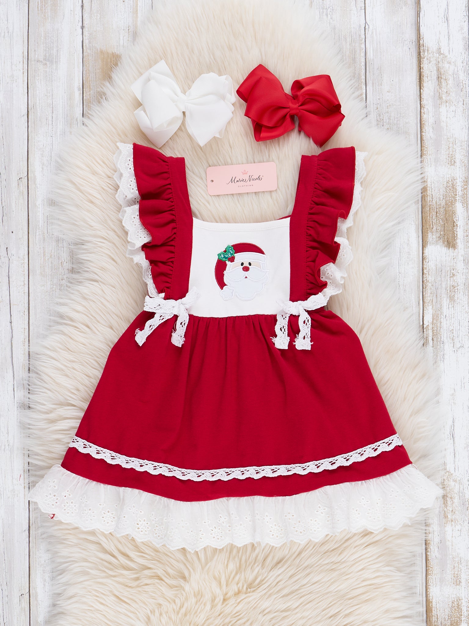 Christmas Red Embroidered Santa Lace Ruffle Dress - Marie Nicole Clothing