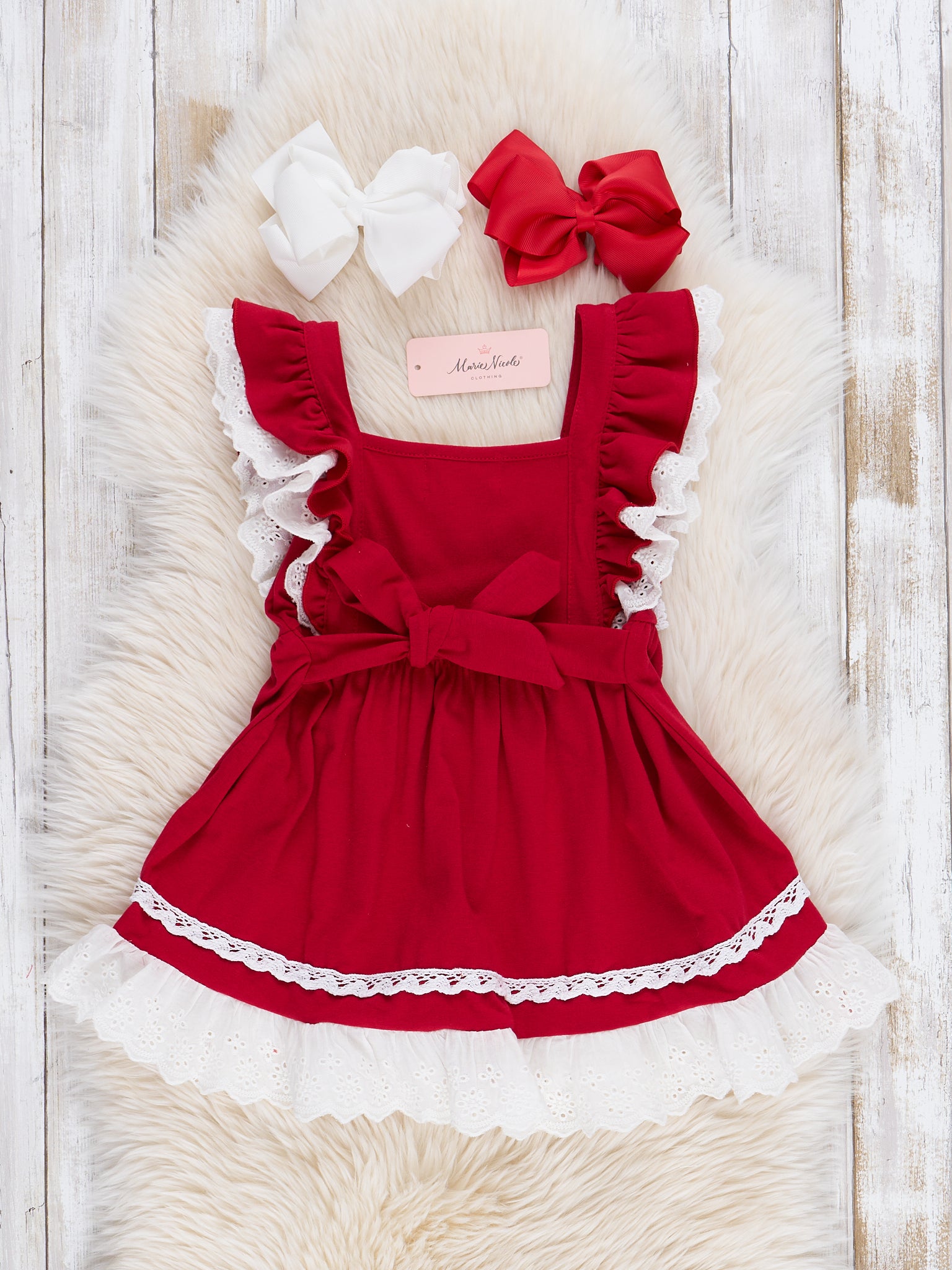 Christmas Red Embroidered Santa Lace Ruffle Dress - Marie Nicole Clothing