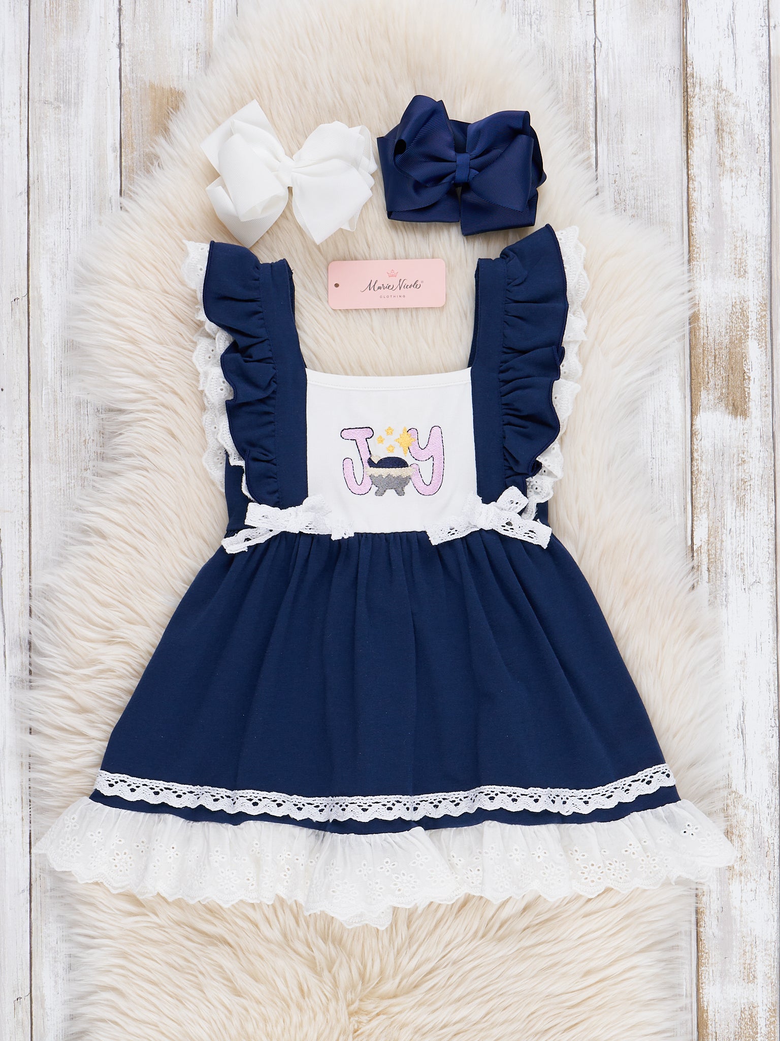 Christmas Blue Embroidered Joy Lace Ruffle Dress - Marie Nicole Clothing