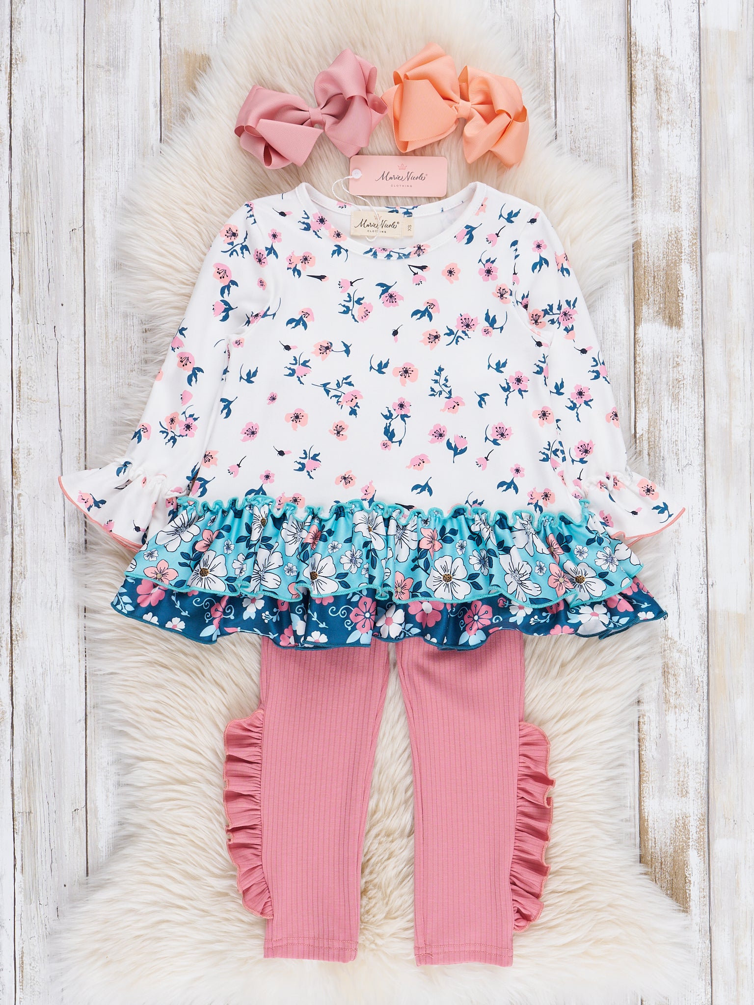 Pink & Blue Ditsy Floral Ruffle Outfit - Marie Nicole Clothing
