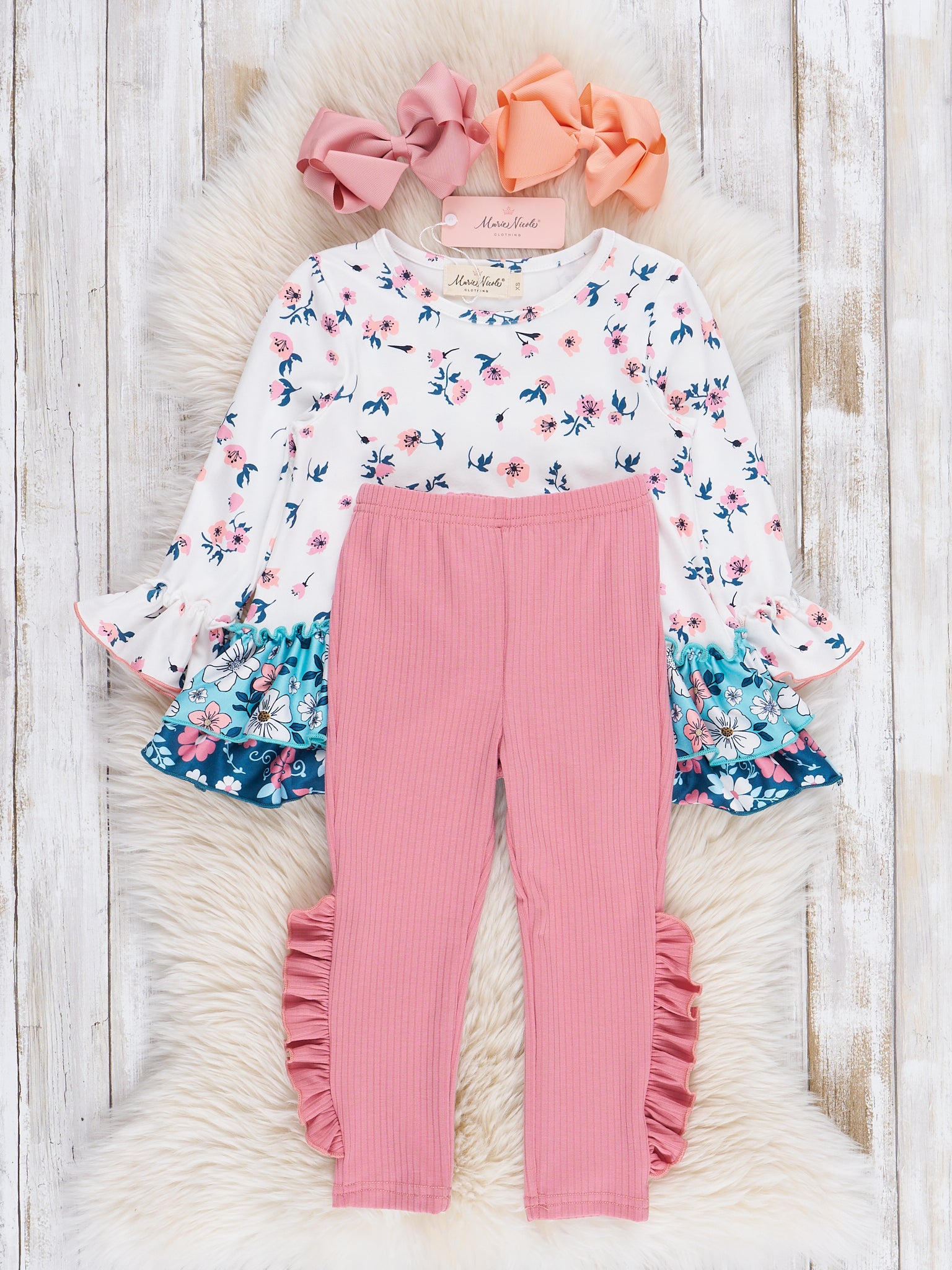 Pink & Blue Ditsy Floral Ruffle Outfit - Marie Nicole Clothing